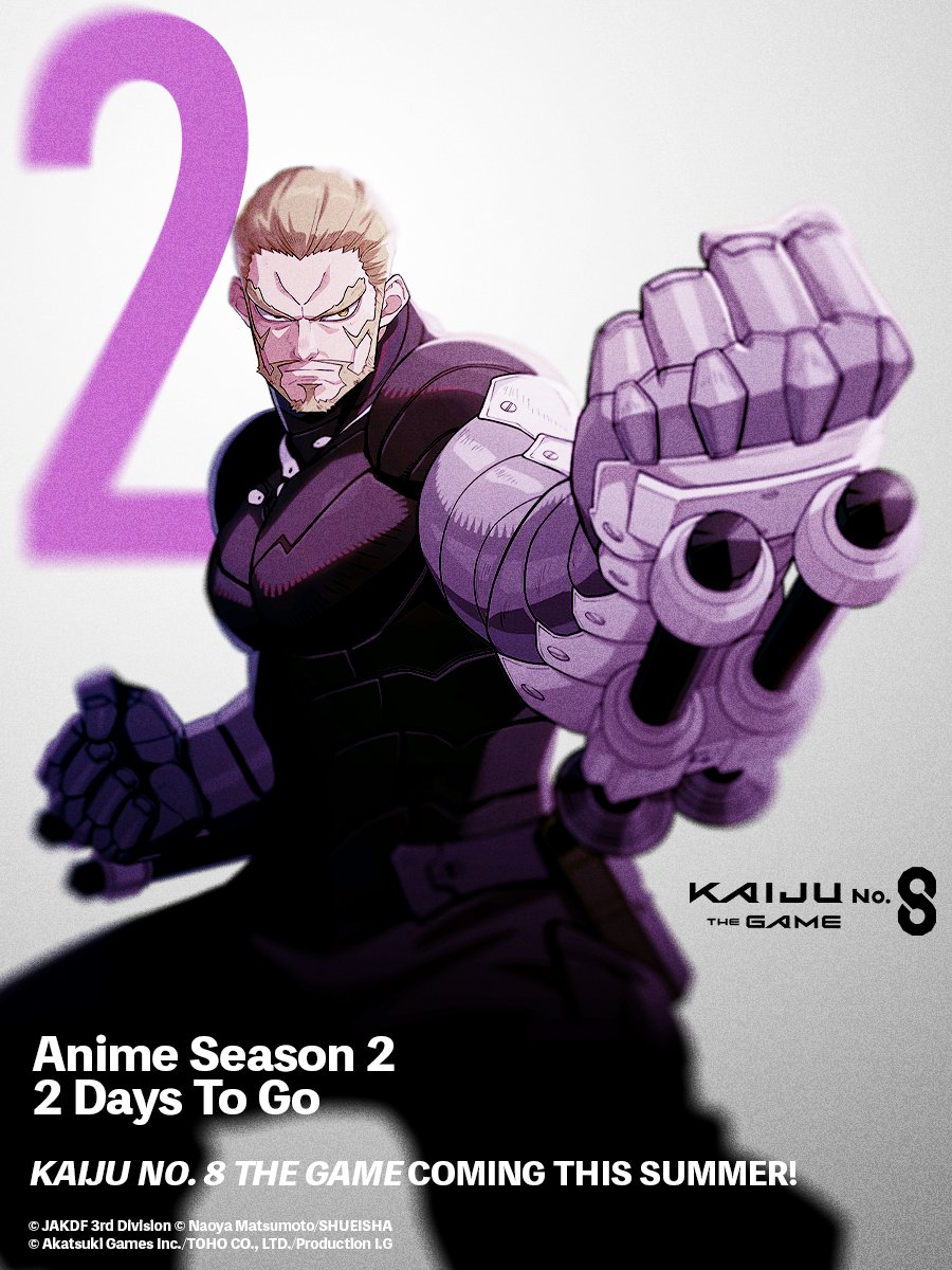 ◢◤
　#KaijuNo8 Anime Season 2
　2 days to go!
◥◣

To celebrate the upcoming Season 2 premiere, we're revealing a countdown visual featuring #IsaoShinomiya from KAIJU NO. 8 THE GAME! ⚡️

Premiering July 19 on Crunchyroll and X. Stay tuned!

#K8Game #KaijuNo8THEGAME