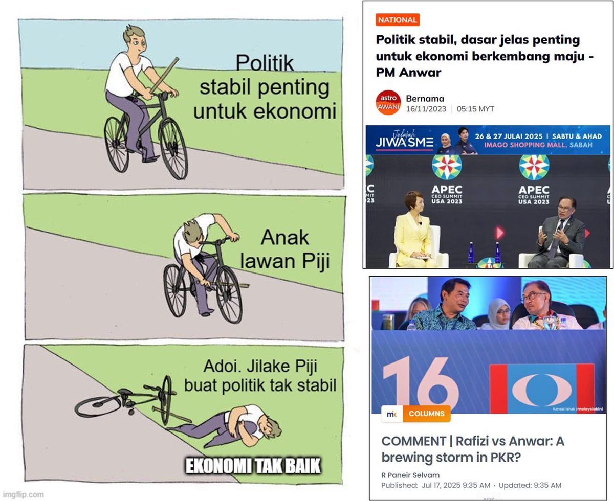 Cakap politik stabil penting untuk ekonomi.

Tapi sendiri yang pecah parti, 9 MP lawan.
Ekonomi lembap, salah orang lain.

PMX gagal jaga rumah sendiri, apatah lagi negara.