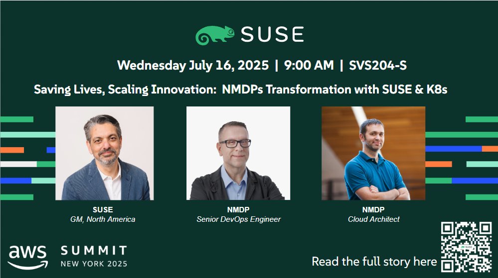 Today at 9am EST at #AWSSummit, learn how #NMDP modernized their IT with #SUSERancher on #AWS, achieving massive operational cost reductions, faster development, and higher application availability. 

Watch the session! okt.to/o49v7p