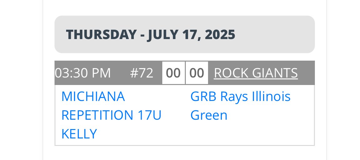 Johnny Geisser (@geisserrr) on Twitter photo Excited to pitch at <a href="/prepbaseball/">Prep Baseball</a> rock summer Championship tomorrow! Can’t wait to go out and compete.
I will be pitching against Michiana Repetition 17u at 3:30pm.
📍Rock Sports Complex (Giants field)
<a href="/JaredWackerMCC/">Jared Wacker</a> <a href="/MattMilewski35/">Matt Milewski</a> <a href="/CameronScreeton/">Cameron Screeton</a> <a href="/PB_Uncommitted/">Prep Baseball Uncommitted</a> Excited to pitch at <a href="/prepbaseball/">Prep Baseball</a> rock summer Championship tomorrow! Can’t wait to go out and compete.
I will be pitching against Michiana Repetition 17u at 3:30pm.
📍Rock Sports Complex (Giants field)
<a href="/JaredWackerMCC/">Jared Wacker</a> <a href="/MattMilewski35/">Matt Milewski</a> <a href="/CameronScreeton/">Cameron Screeton</a> <a href="/PB_Uncommitted/">Prep Baseball Uncommitted</a>