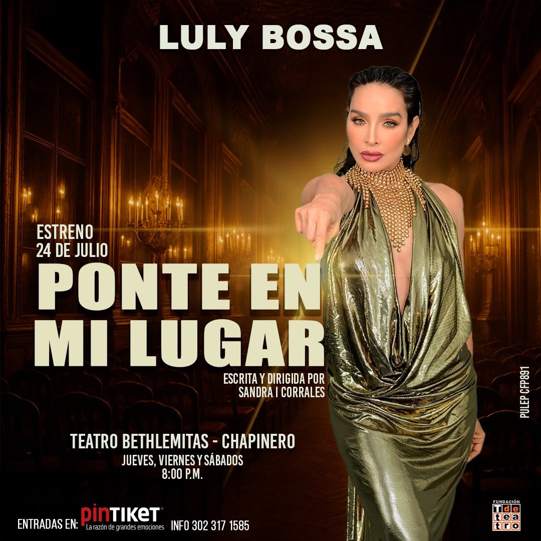 Véala en breve temporada programada por T de Teatro a partir del jueves 24 de Julio de jueves a sábado a las 8 p.m. en el teatro Bethlemitas de chapinero. 
Entradas 60 y 70 mil. 
WhatsApp +57 300 2444040 
Enlace de compra:
pintiket.com/landing/event/…
<a href="/LulyBossaTheOne/">Luly Bossa | Oficial</a> 
<a href="/actrices/">actrices</a>