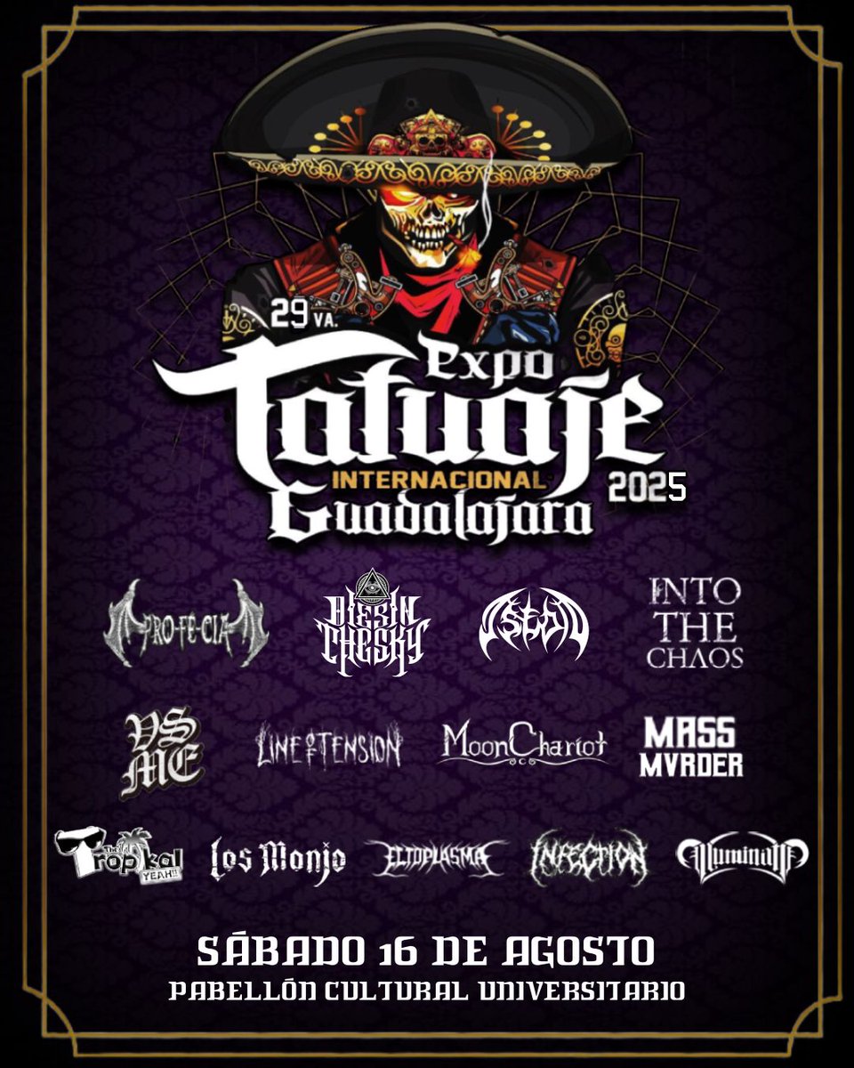 ¡Ya estamos a un mes de la devastación que sufrirá la #ExpoTatuajeInternacionalGuadalajara en la que, junto a <a href="/DiesInTheSky/">Dies In The Sky</a> y otros tremendos bandones, arrasaremos con todo a nuestro paso! 💪🔥