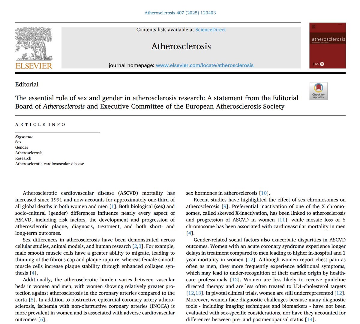 MeralKayikcoglu's tweet image. Published in Atherosclerosis; Our joint editorial by @society_eas EC & the @ATHjournal editorial board — reaffirming the critical need for #sex & #gender integration in ASCVD research & clinical care.
🧬 Sex hormones, chromosomes & social roles all matter.
⚠️ Without this lens,…