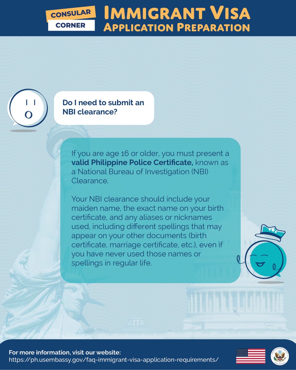 USEmbassyPH's tweet image. Reminder for Immigrant Visa Applicants: Applicants age 16 or older must present a valid Philippine Police Certificate, known as a National Bureau of Investigation (NBI) Clearance.
Applicants who arrive for their appointments without all of the required, original documents will…
