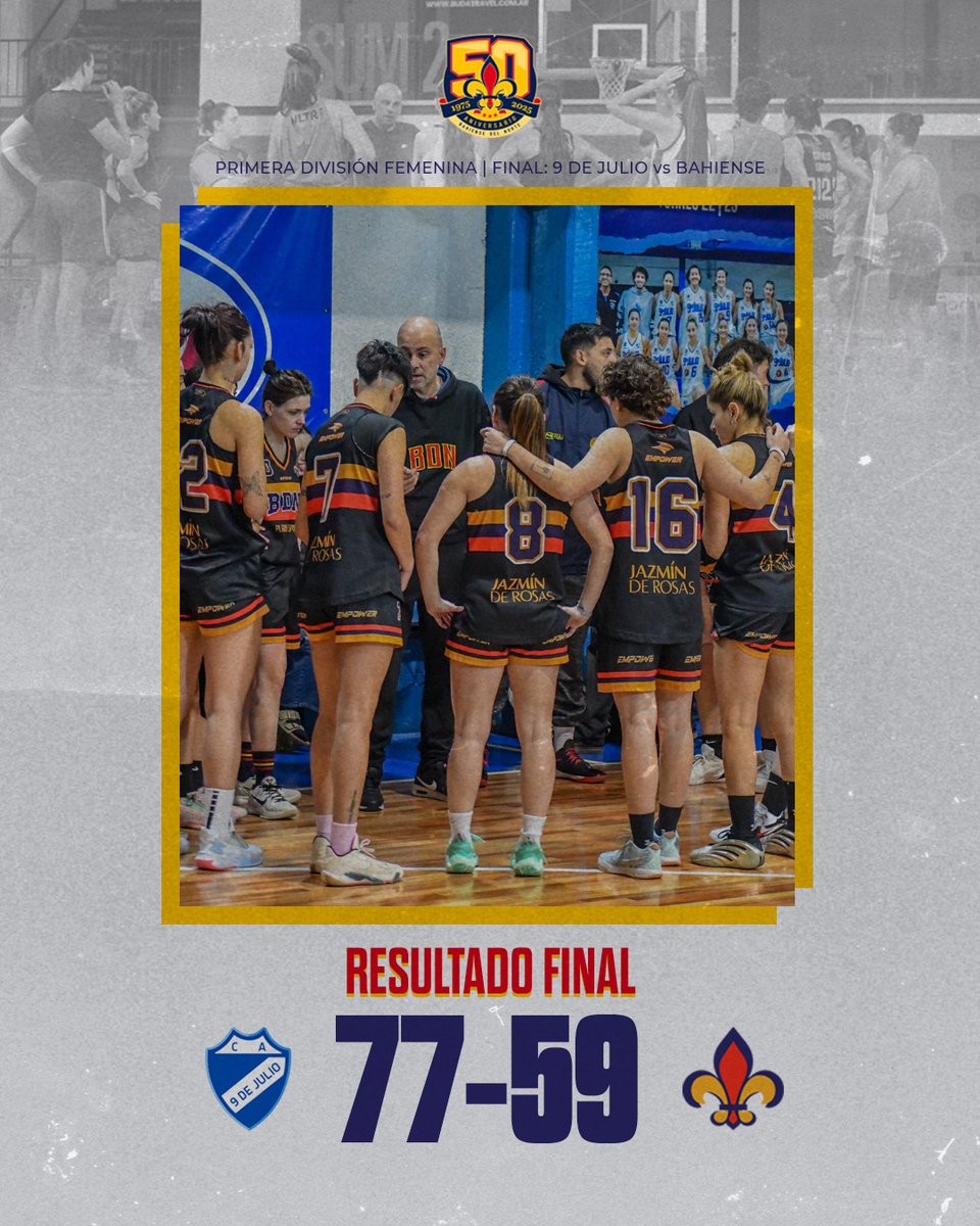 #PrimeraFemenino 🏀 | 🔚 Final del partido.

➡️ Final Four - Final: 9 de Julio 77-59 #Bahiense.

📊 Goleadoras: Agustina Kenny (15) y Ana Liz Carcas (13).

🔼 Se terminó la primera parte de la temporada para nuestro equipo que la cerró con el subcampeonato del certamen.

💙💛❤️