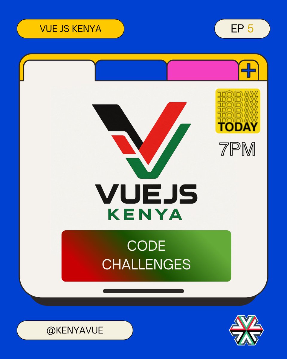KenyaVue's tweet image. 🎯 Vue JS Kenya – EP 5: Code Challenges
📅 Today | 🕖 7PM EAT
Time to put your Vue skills to the test! 🔥
Join us for a fun, hands-on session full of real coding challenges.
Open to all!
🔗 calendar.app.google/xRTijHiaC1CGtN…
#VueJS #VueKenya #CodeChallenges #DevCommunity