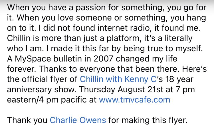 KennyisChillin's tweet image. Thank you for Chillin with me throughout the years. Let’s celebrate next month. Thank you @TunaDude2105 for making this flyer.
Chillin’ with Kenny C
18 year anniversary show
Thursday August 21st
7 pm eastern/4 pm pacific
tmvcafe.com