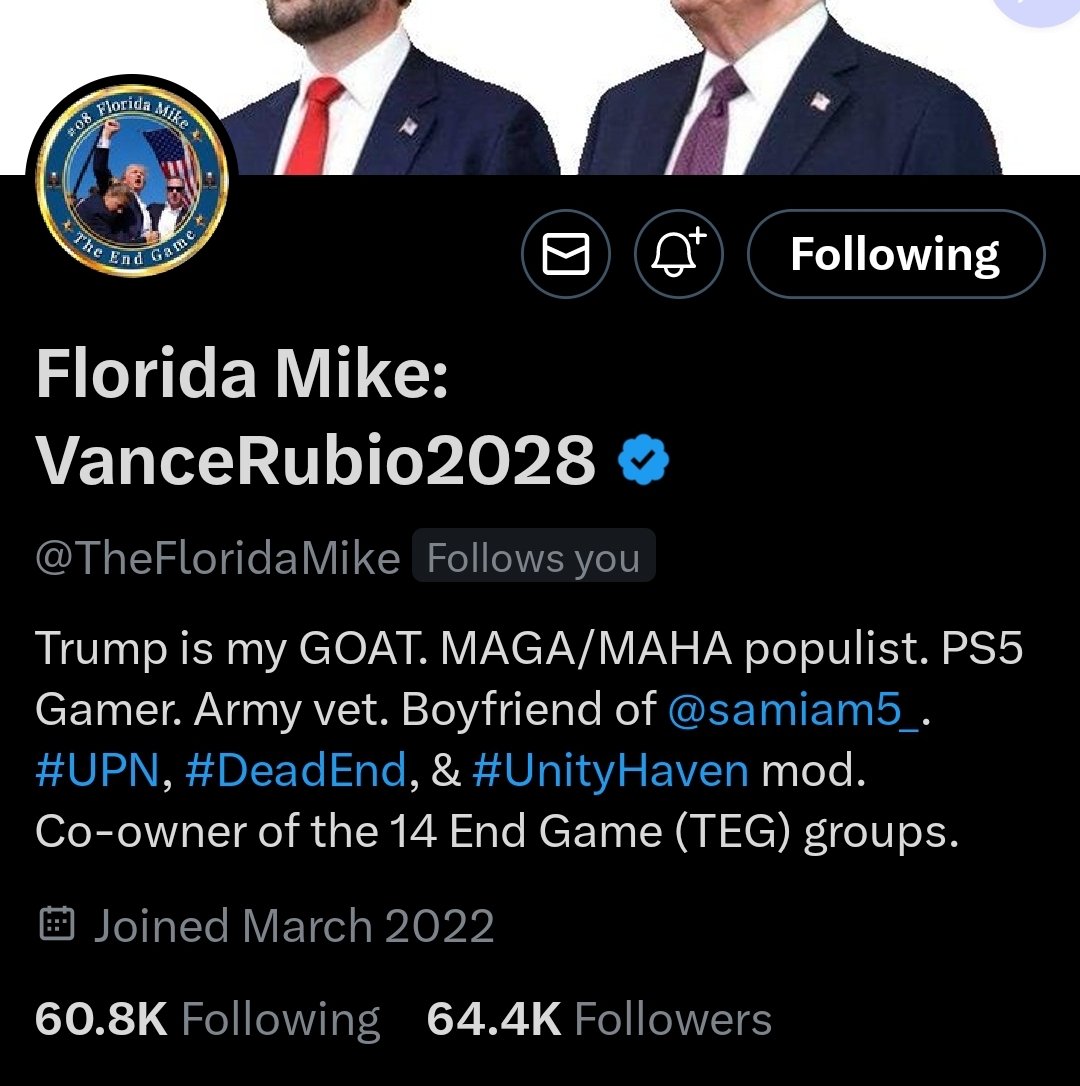 Legend of Ganon (@i_m_ganondorf) on Twitter photo Please help me get my good friend <a href="/TheFloridaMike/">Florida Mike: VanceRubio2028</a> over the hump to 65k. Mike is not only an amazing patriot that loves our country. He also is one of my partners and Co owner of The End Game. Let's bring this home for him! ๐บ๐ธ๐บ๐ธ Please help me get my good friend <a href="/TheFloridaMike/">Florida Mike: VanceRubio2028</a> over the hump to 65k. Mike is not only an amazing patriot that loves our country. He also is one of my partners and Co owner of The End Game. Let's bring this home for him! ๐บ๐ธ๐บ๐ธ