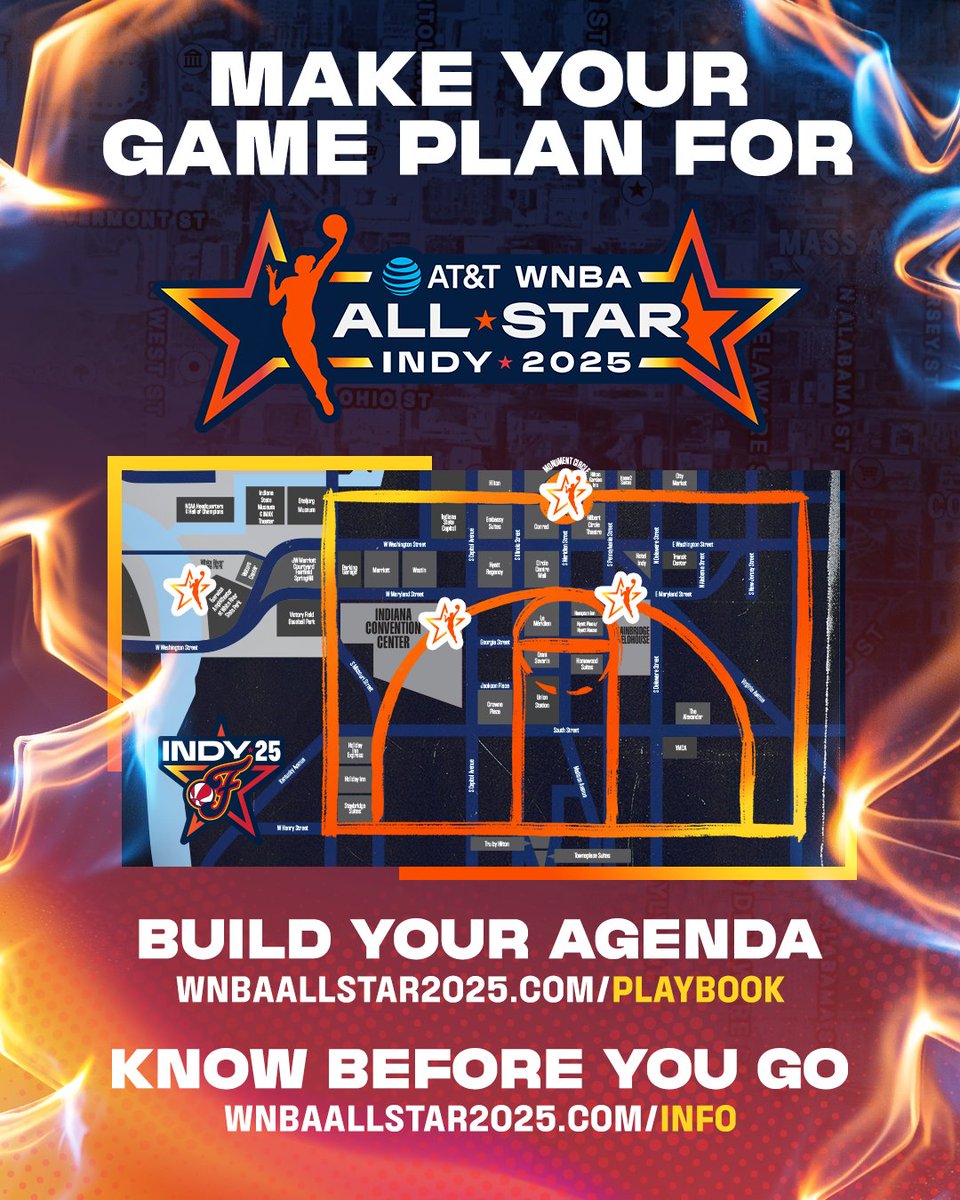 PacersSportsEnt's tweet image. It's time to make your game plan for #WNBAAllStar2025, Indy!
Build your agenda ➡️ WNBAAllStar2025.com/Playbook Venue policies + more ➡️ WNBAAllStar2025.com/Info
