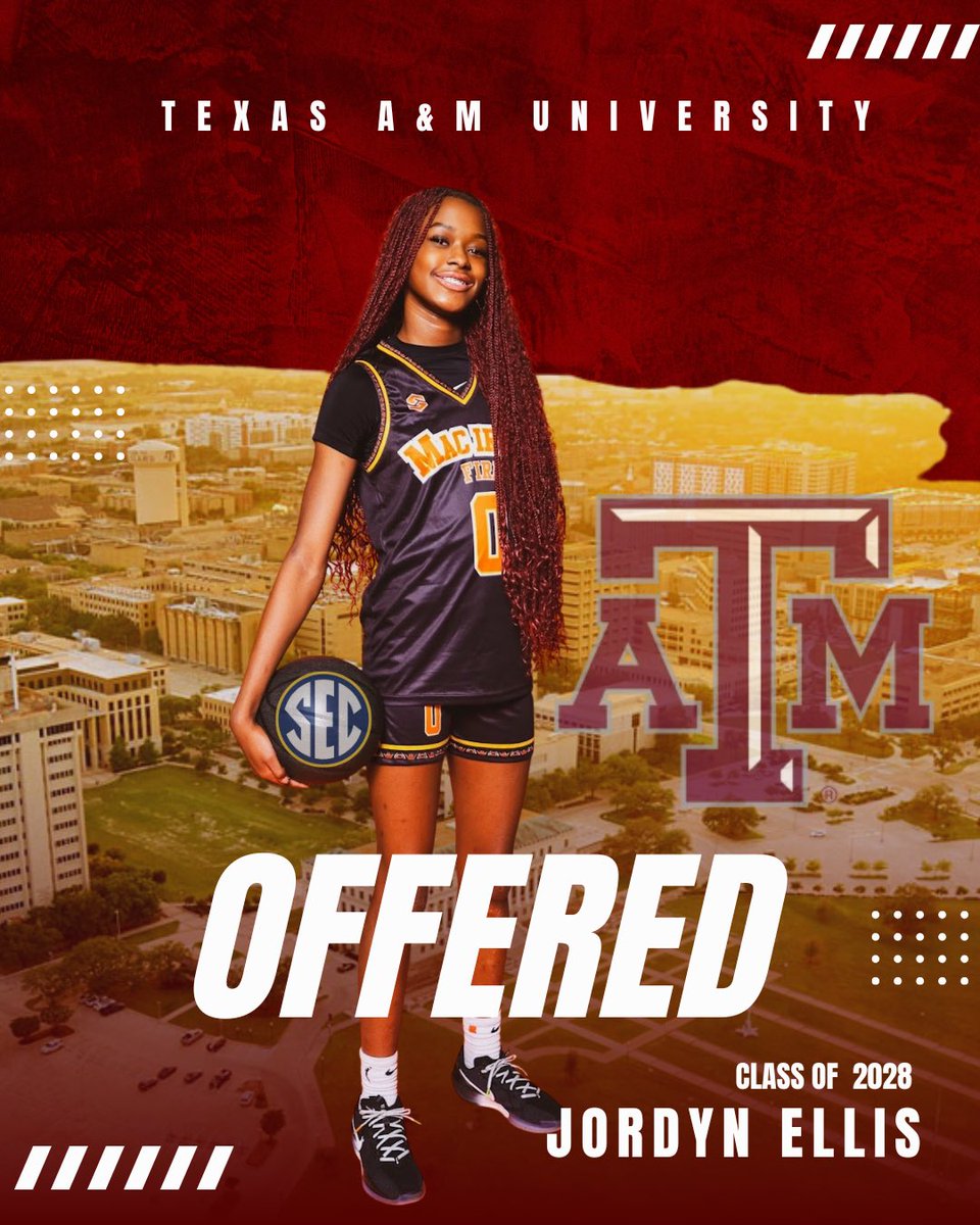 JordynEllis0's tweet image. I’m blessed to have received an offer from Texas A&M University. Thanks again @DariusTaylor and @AggieWBB for believing in me!