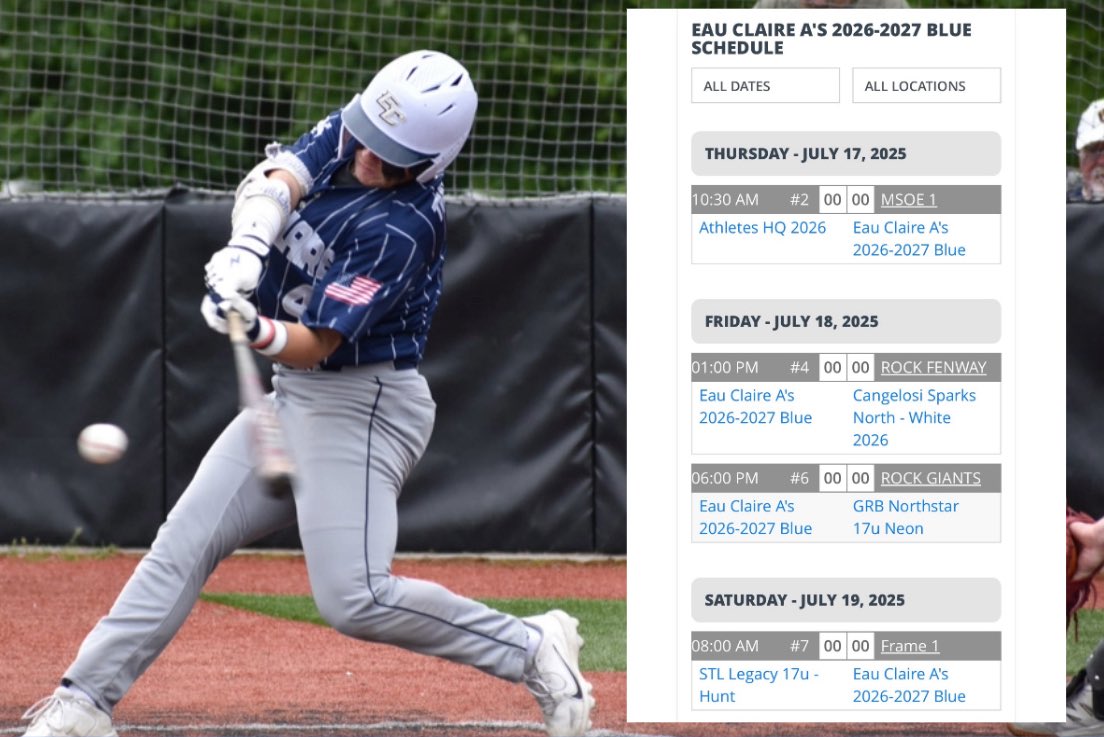 Gavin Thompson (@gavin6thompson) on Twitter photo The A’s travel to Franklin Wisconsin to compete in PBR’s Rock Summer Championship. It’s going to be a great weekend full of baseball. 💪
<a href="/JacobYellovich/">Jacob Yellovich ⚾</a> <a href="/Pio_Baseball/">Carroll Baseball</a> <a href="/VinnyRottino/">Vinny Rottino</a> <a href="/ECBR_Baseball/">Eau Claire Babe Ruth & Eau Claire A's Baseball</a> <a href="/UWECBaseball/">UWEC Baseball</a> <a href="/UWPlattBaseball/">UW-Platteville Baseball</a> <a href="/PrepBaseballWI/">Prep Baseball Wisconsin</a> <a href="/eddymorgan/">Eddy “Skip” Morgan</a> <a href="/CoachBMcCabe/">Brian McCabe</a> The A’s travel to Franklin Wisconsin to compete in PBR’s Rock Summer Championship. It’s going to be a great weekend full of baseball. 💪
<a href="/JacobYellovich/">Jacob Yellovich ⚾</a> <a href="/Pio_Baseball/">Carroll Baseball</a> <a href="/VinnyRottino/">Vinny Rottino</a> <a href="/ECBR_Baseball/">Eau Claire Babe Ruth & Eau Claire A's Baseball</a> <a href="/UWECBaseball/">UWEC Baseball</a> <a href="/UWPlattBaseball/">UW-Platteville Baseball</a> <a href="/PrepBaseballWI/">Prep Baseball Wisconsin</a> <a href="/eddymorgan/">Eddy “Skip” Morgan</a> <a href="/CoachBMcCabe/">Brian McCabe</a>