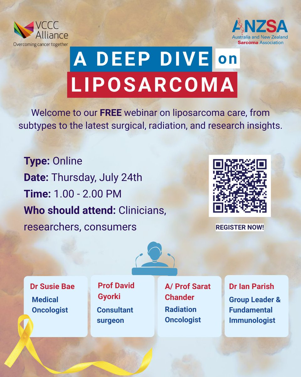 Australia and New Zealand Sarcoma Association (@anzsarcoma) on Twitter photo Next Thursday!
Join us for our second #sarcomaawarenessmonth Webinar in collaboration with <a href="/VCCCAlliance/">VCCC Alliance</a>
Register here: vcccalliance.org.au/news-and-event… Next Thursday!
Join us for our second #sarcomaawarenessmonth Webinar in collaboration with <a href="/VCCCAlliance/">VCCC Alliance</a>
Register here: vcccalliance.org.au/news-and-event…