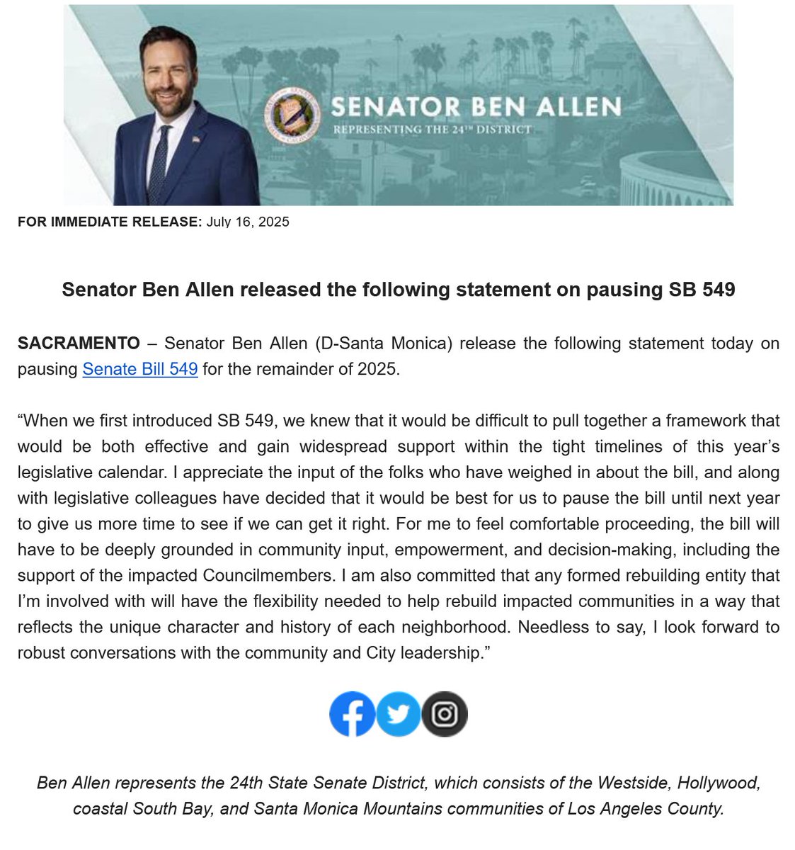 INBOX: State Senator Ben Allen is pumping the brakes on SB 549, which would have let L.A. County buy wildfire-ravaged lots to build low-income housing.