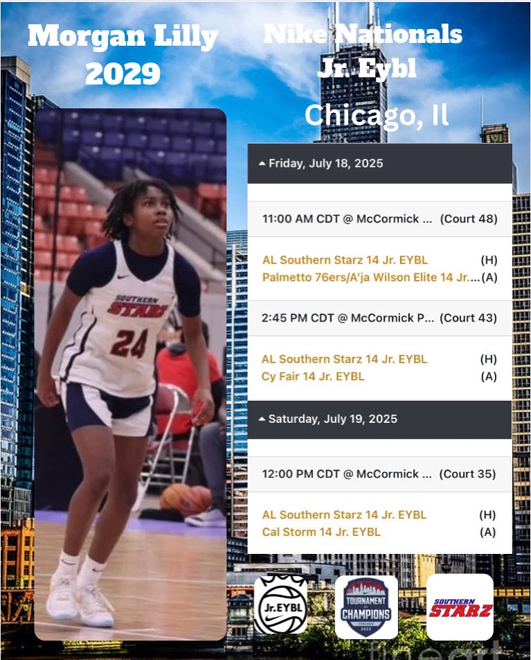 Morgan Lilly (@morganl2029) on Twitter photo Last stop Nike Nationals!! Here’s my schedule. Let’s go Starz!!🏀 <a href="/ALSoStarz/">AL Southern Starz</a> <a href="/NikeGirlsEYBL/">Nike Girls EYBL</a> <a href="/niketoc/">Nike Tournament of Champions</a> Last stop Nike Nationals!! Here’s my schedule. Let’s go Starz!!🏀 <a href="/ALSoStarz/">AL Southern Starz</a> <a href="/NikeGirlsEYBL/">Nike Girls EYBL</a> <a href="/niketoc/">Nike Tournament of Champions</a>