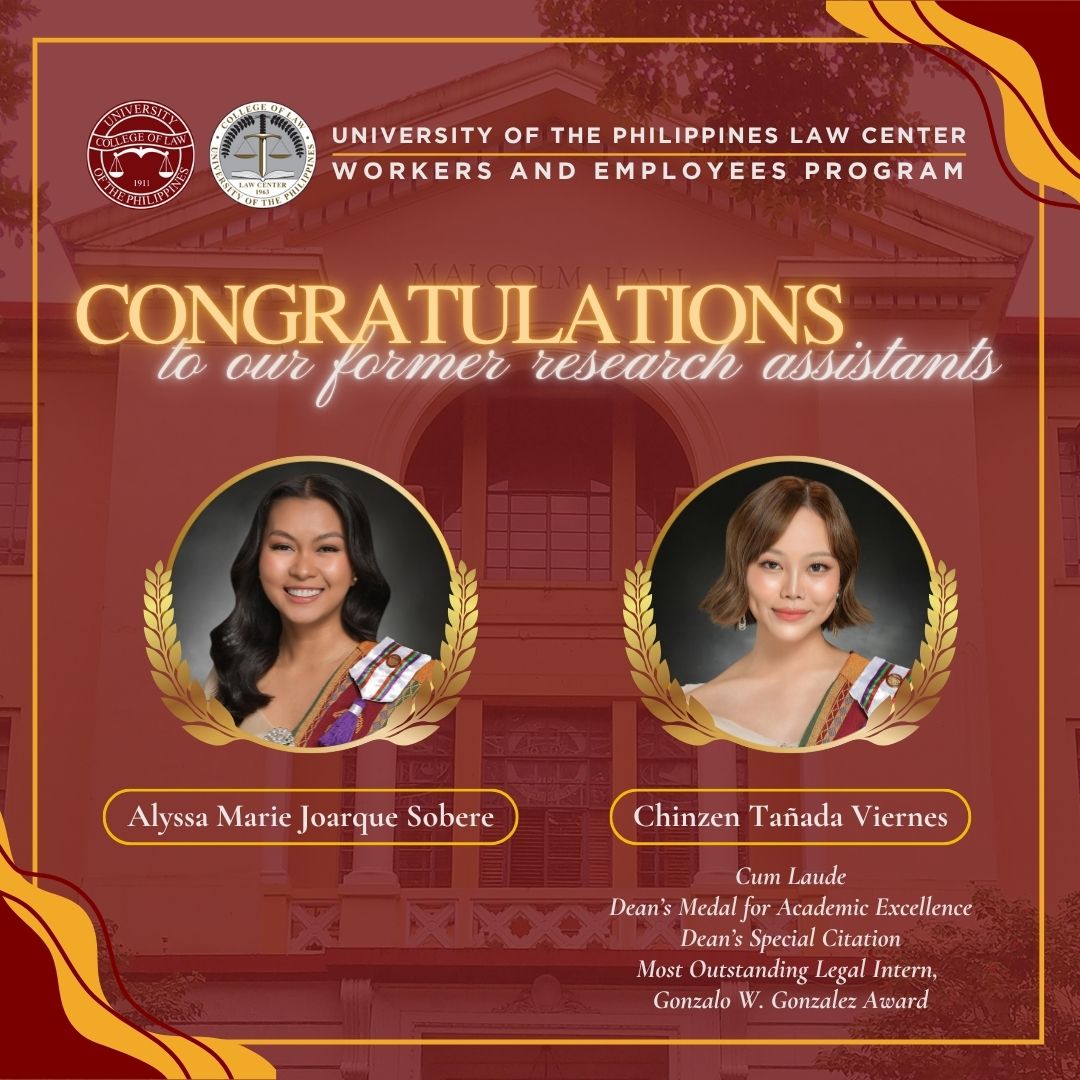 The UP Law WEP extends its warmest congratulations to our former research assistants, Alyssa Marie Sobere and Chinzen Viernes, on their graduation as part of the UP College of Law Batch 2025.

facebook.com/share/p/1EjZjL….

#UPCollegeofLaw #UPLawWEP #UPLaw