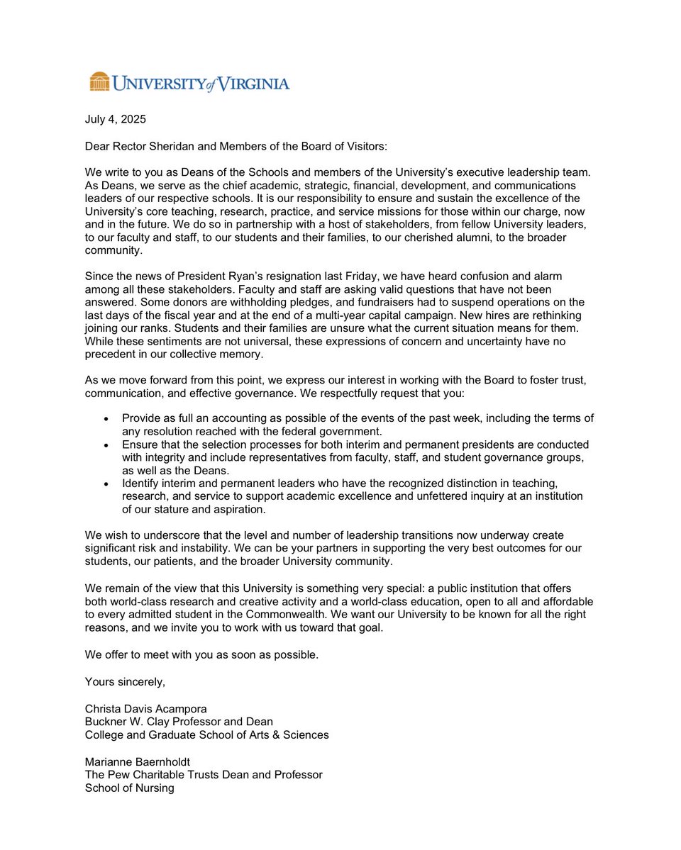 cwellmon's tweet image. Letter from 12 UVA deans to Board of Visitors goes unanswered for almost two weeks (from The Cavalier Daily) cavalierdaily.com/article/2025/0…