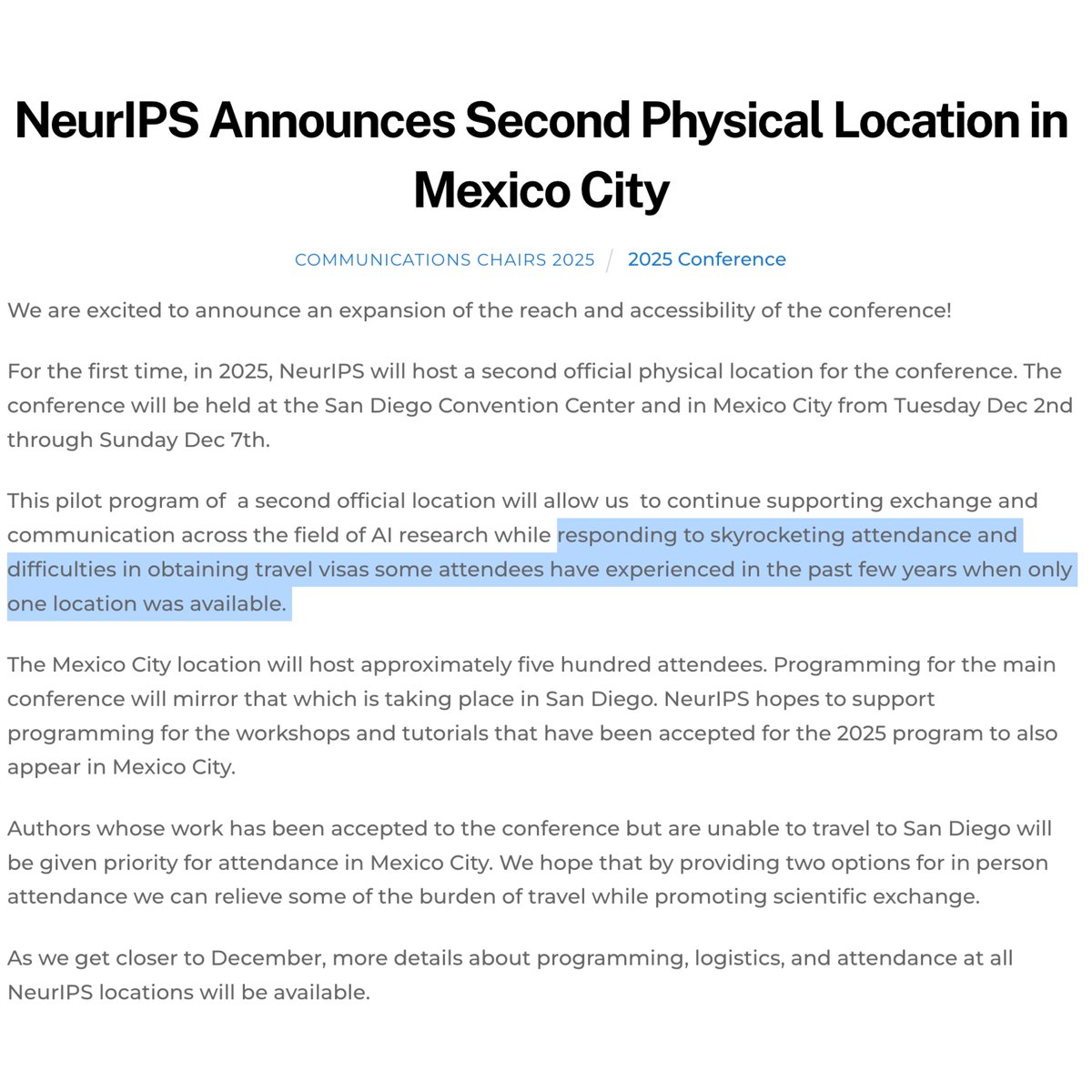 tanayj's tweet image. It’s disappointing that NeurIPS needs to add a non-US venue due to issues with obtaining a US visa for AI researchers