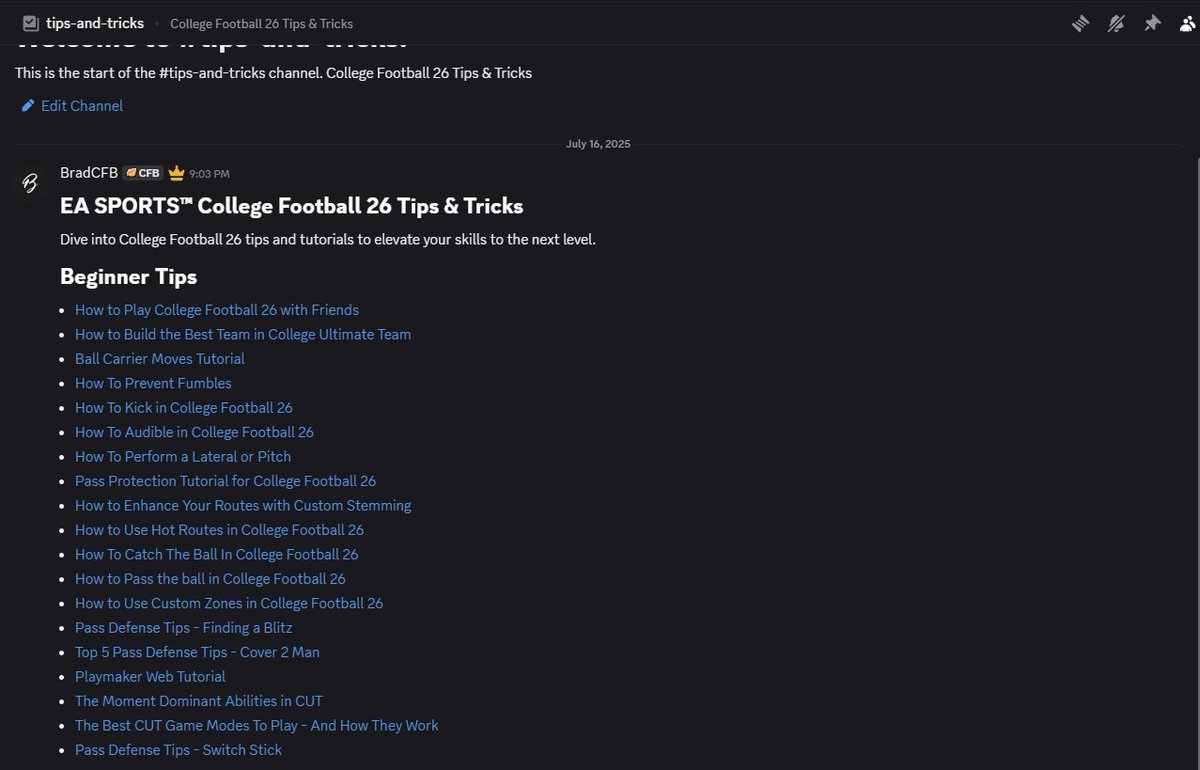 BradCFB's tweet image. Shoutout to @ScottOGallagher and the team at EA for putting together tips & tricks for #CFB26. I'm slowly migrating these into the Discord server for those who never leave the app. 😅