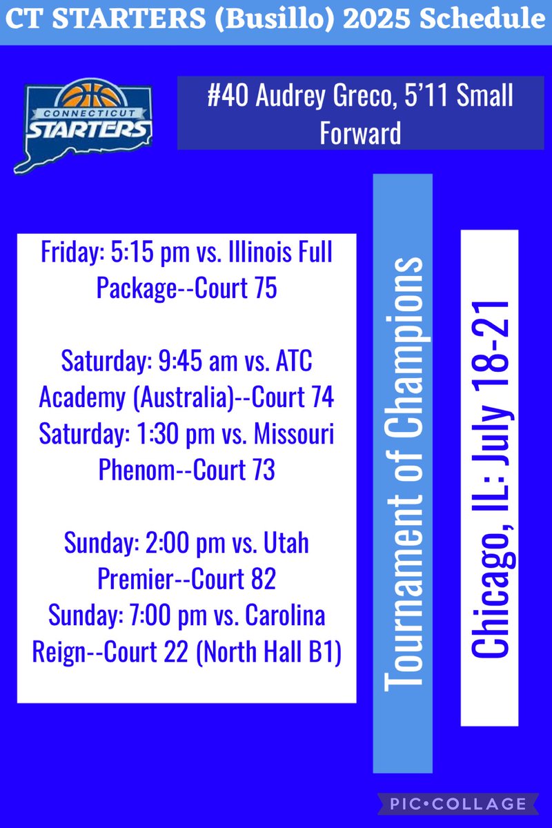 Audrey Greco (@audreygreco_) on Twitter photo Here is my schedule for Chicago Tournament of Champions. I’m excited to compete against these teams for my final AAU tournament! <a href="/ctstarters/">CT Starters AAU</a> Here is my schedule for Chicago Tournament of Champions. I’m excited to compete against these teams for my final AAU tournament! <a href="/ctstarters/">CT Starters AAU</a>