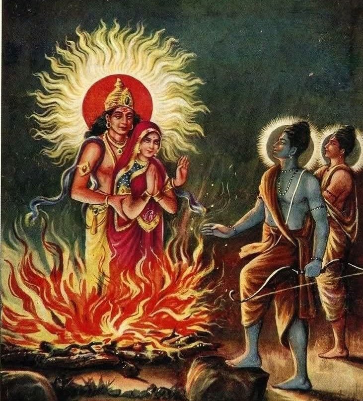 अग्नि परीक्षा में सीताजी ने भय रहित होकर प्रभु का स्मरण कर अग्नि में प्रवेश किया।

अग्निदेव ने उन्हें शीतलता दी और श्रीराम को समर्पित किया। 
देवता प्रसन्न होकर पुष्प वर्षा करने लगे।
रावण अपने पापों से मारा गया। 
प्रभु राम की दिव्यता से सारा जगत पुलकित हो उठा।

जय सियाराम!🙏🏼🚩