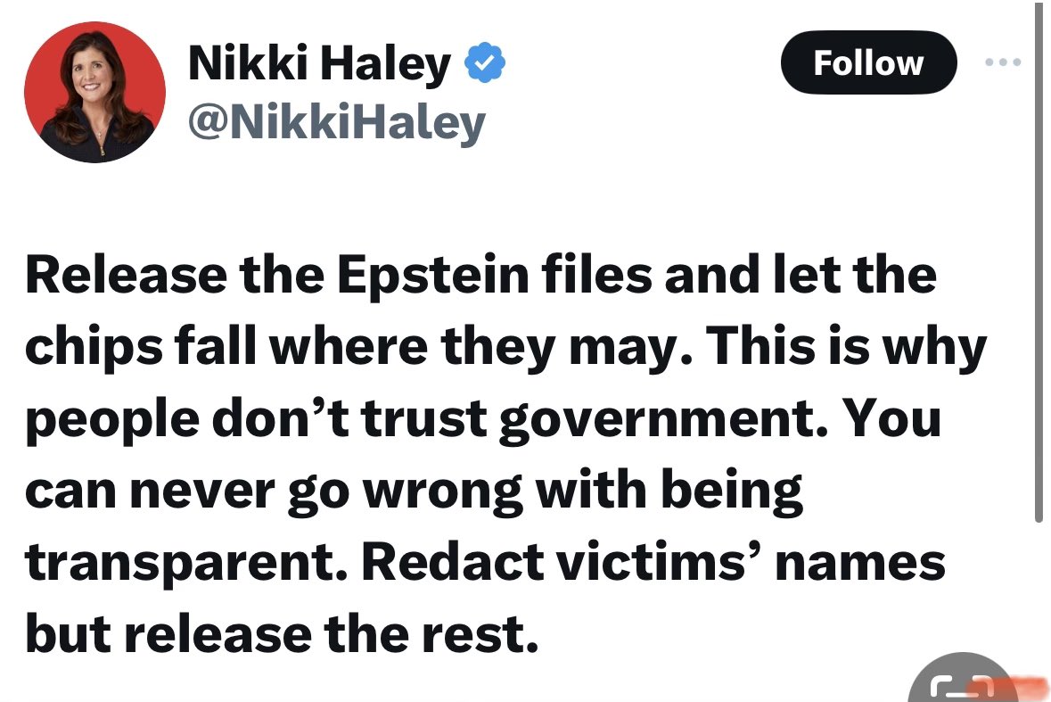 gregkellyusa's tweet image. So now NIKKI HALEY is “demanding” the EPSTEIN files? That’s PROOF that so much of this stuff IS a Hoax. NIKKI trying to “out MAGA” Trump is really something. She’s a Deep State SCHEMER. PS: Is her Hubby BACK from “National Guard Duty” yet????