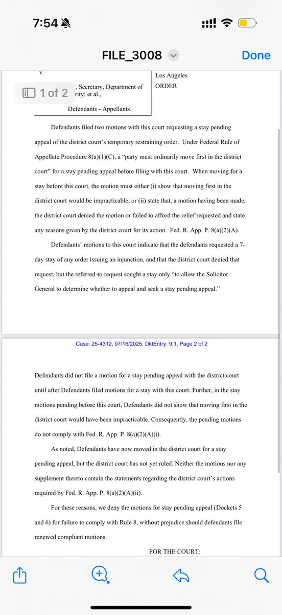 MattFinnFNC's tweet image. Breaking: 9th circuit of Appeals denies Trump Admin’s request for a Stay (hold) on Federal judge Frimpong’s Temporary Restraining Order aimed at curtailing some of Trump Admin’s immigration enforcements in LA & Central District of CA.