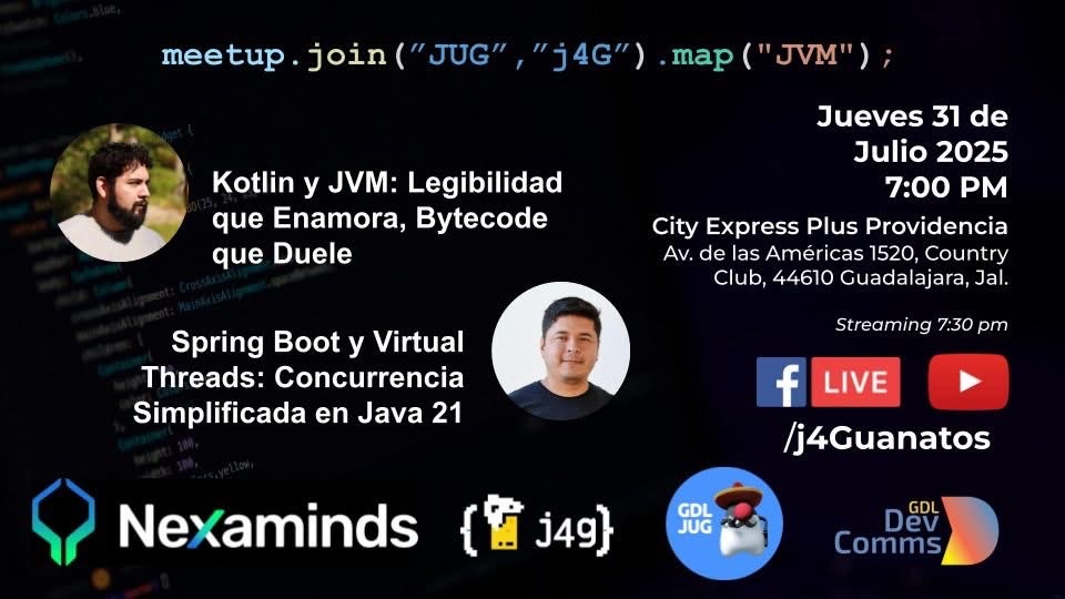 Hola Pythonista ! 🐍🐍

Si te interesa Java, Kotlin y esas cosas de la JVM <a href="/java_gdl/">GDL JUG</a> y <a href="/j4guanatos/">j4Guanatos</a> se traen esta reunión. 

registro aquí: meetup.com/j4guanatos/eve…