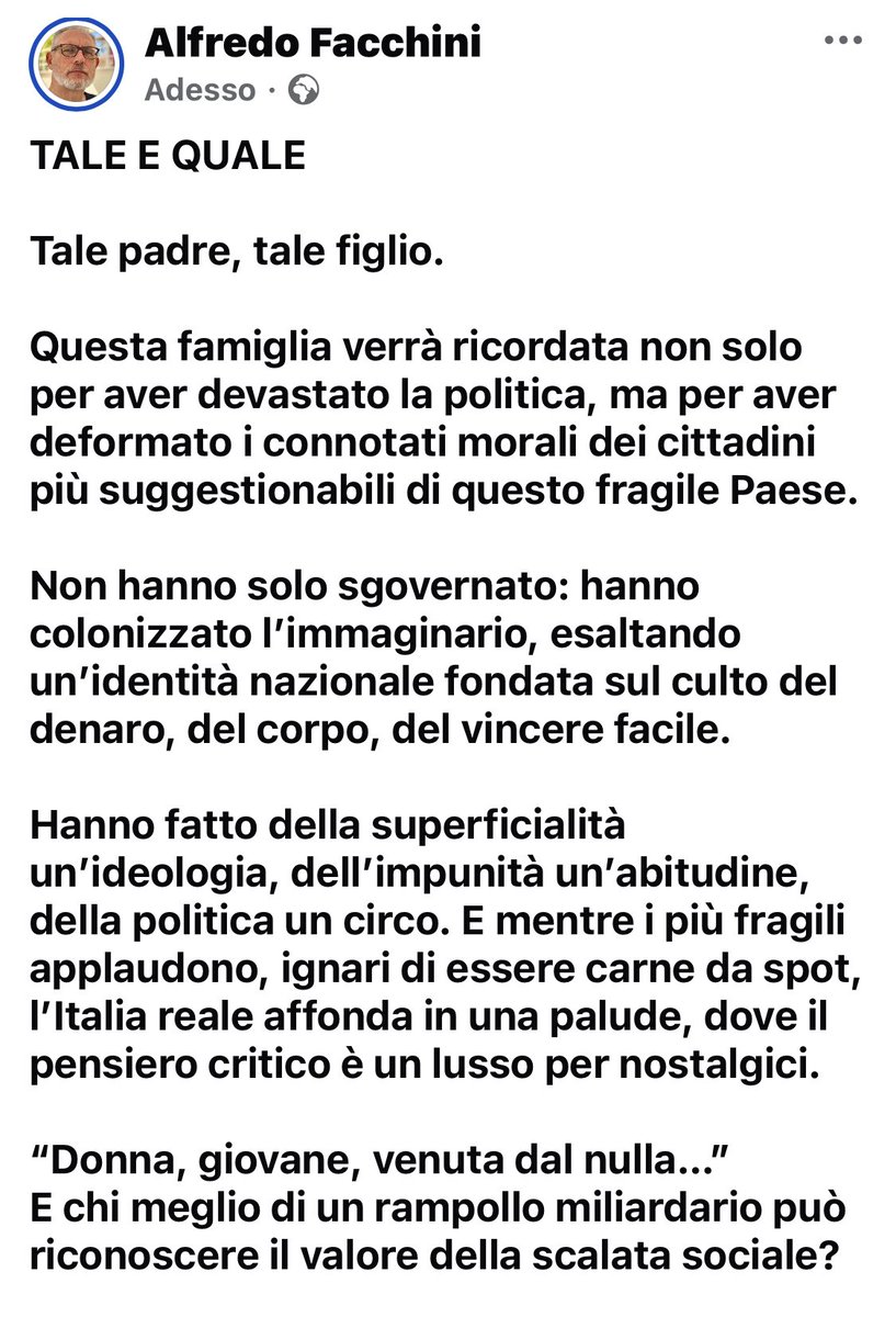 streetcnina's tweet image. TALE E QUALE
Tale padre, tale figlio.
Questa famiglia verrà ricordata non solo per aver devastato la politica, ma per aver deformato i connotati morali dei cittadini più suggestionabili di questo fragile Paese.
#Berlusconi