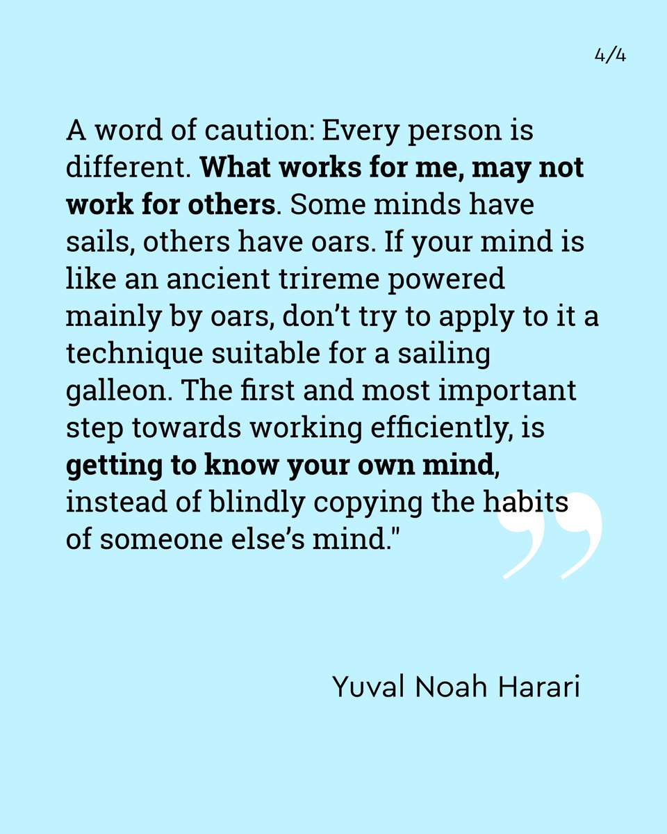 harari_yuval's tweet image. Tips on how to work efficiently. First: get to know your own mind.
