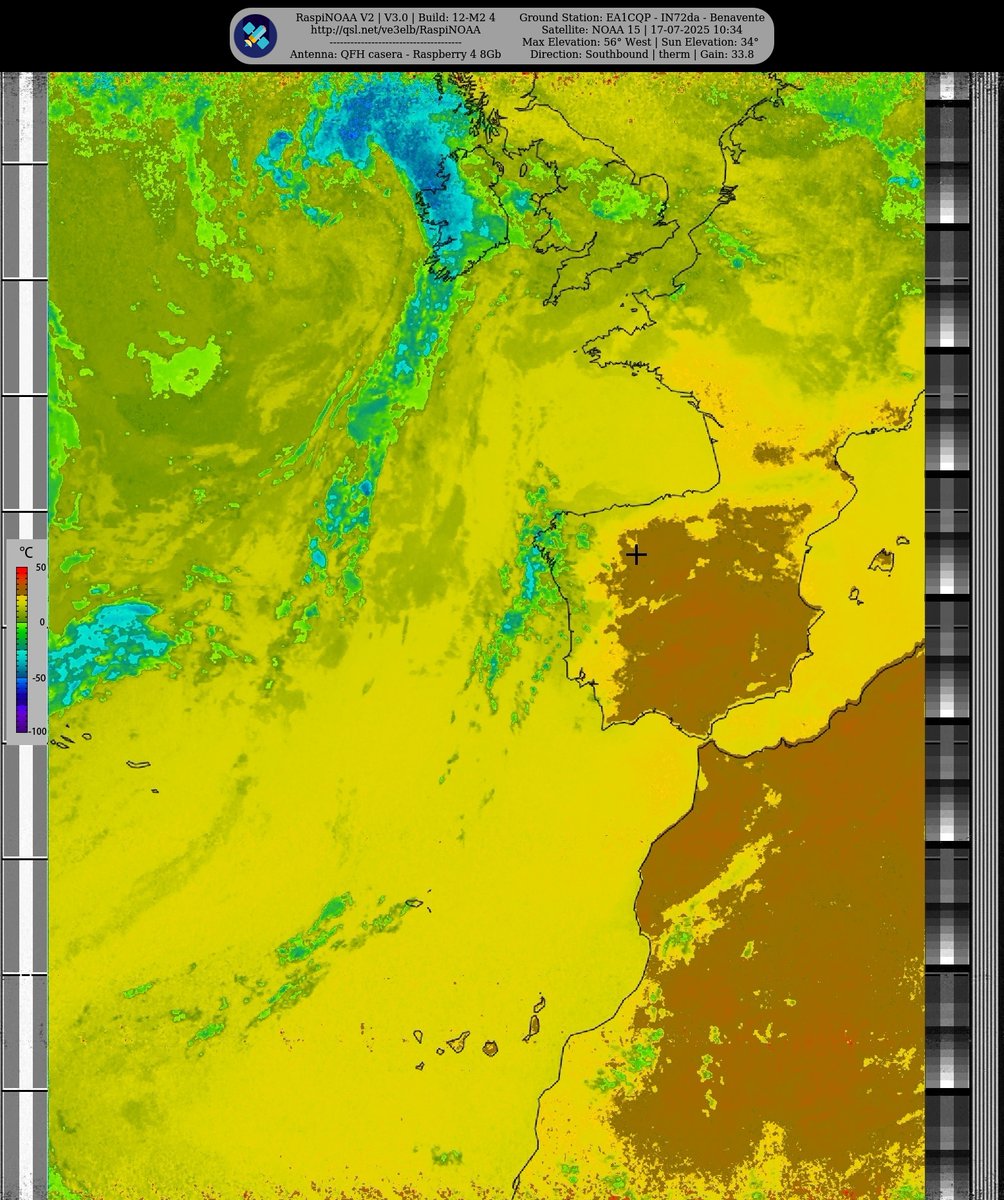 Ground Station: EA1CQP - IN72da - Benavente NOAA 15 17-07-2025 10:17 CEST  Max Elev: 56° W Sun Elevation: 34° Gain: 33.8 | Southbound

#NOAA #MeteorM2_3 #MeteorM2_4 #weather #weathersats #APT #LRPT #wxtoimg #MeteorDemod #rtlsdr #gpredict #raspberrypi