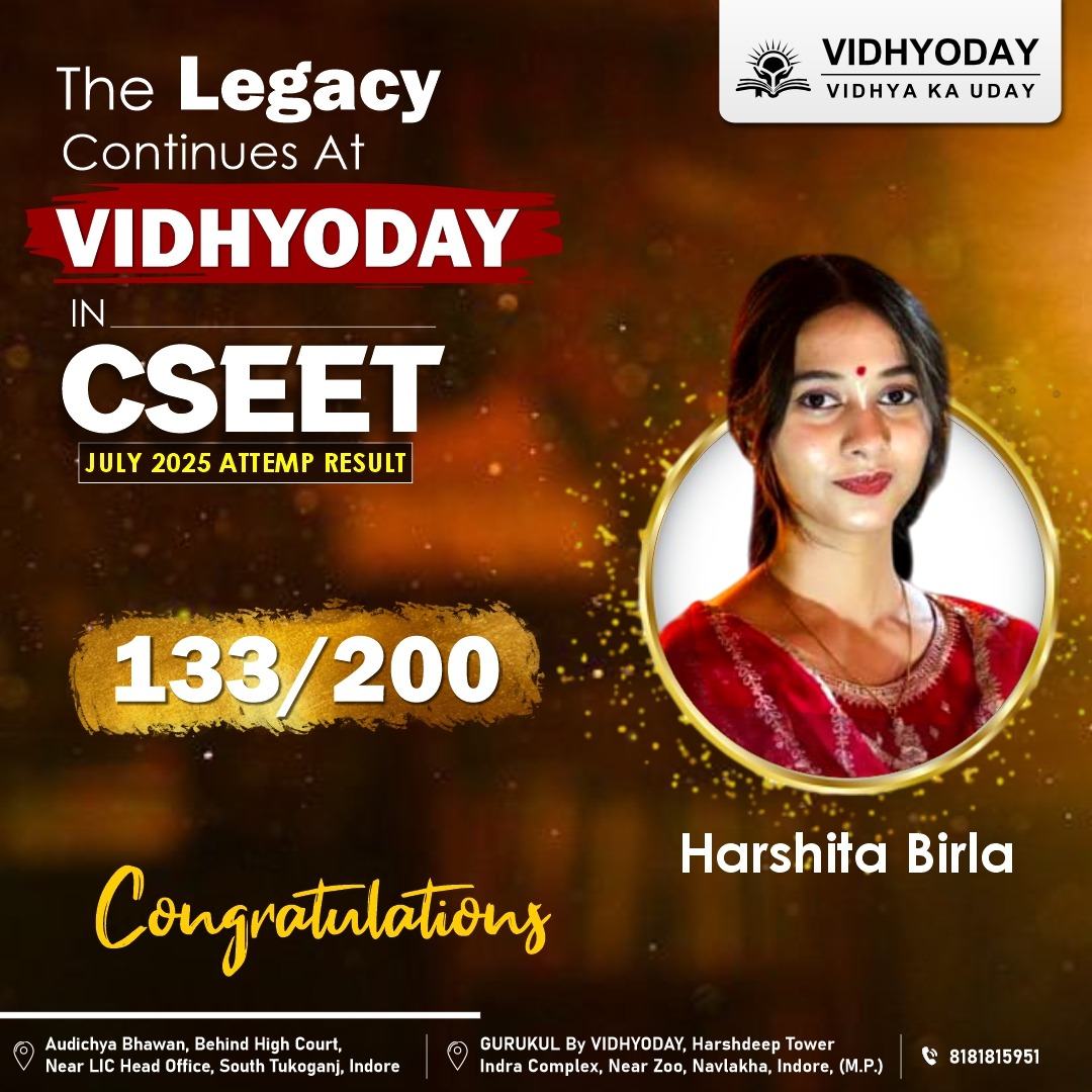 vidhyoday's tweet image. Carrying forward the legacy of excellence at Vidhyoday!
Big congratulations to Harshita Birla for scoring an impressive 133/200 in the CSEET July 2025 attempt.
Your success is our pride!
The legacy continues at Vidhyoday!
__
#CSEETResults #CSExecutive #Vidhyoday