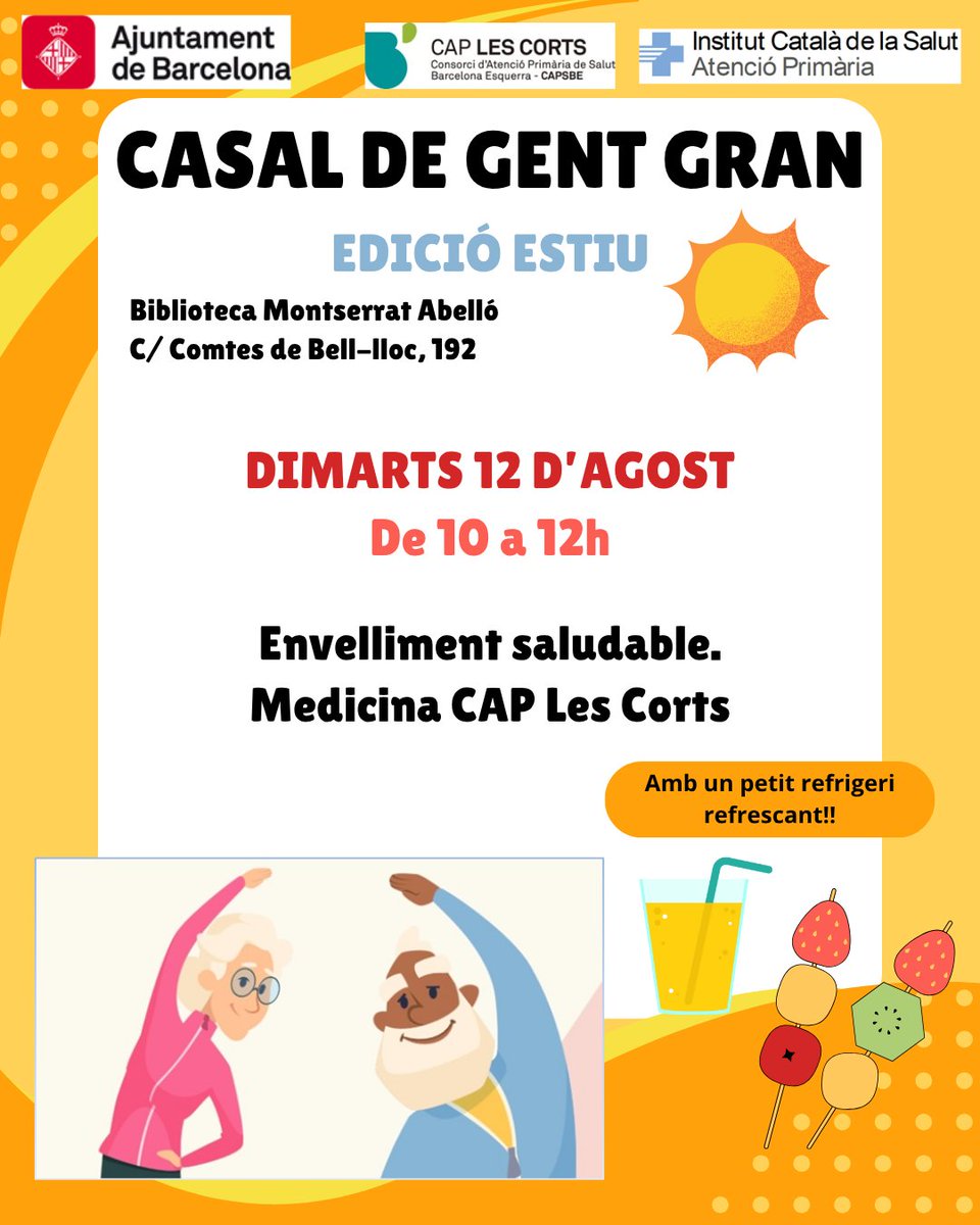 Què saps sobre l'envelliment saludable?

El proper dimarts 12 d'agost pots venir a escoltar l'equip de #medicina del #CAPLesCorts a la xerrada que han preparat a la Biblioteca Montserrat Abelló.

Serà a les 10h, sense inscripció prèvia, i amb un petit refrigeri al final
Vindràs?