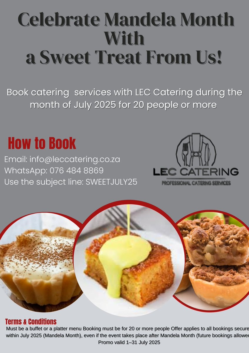 POWER 98.7 (@powerfm987) on Twitter photo Sponsored
Here’s a sweet surprise for Mandela Month!
<a href="/lec_catering/">LEC Catering SA</a> is gifting a free dessert when you book catering for 20 or more guests.
Book now! WhatsApp 076 484 8869 and use promo code SWEETJULY2025. Offer valid for all bookings made in July, even if your event is later. Sponsored
Here’s a sweet surprise for Mandela Month!
<a href="/lec_catering/">LEC Catering SA</a> is gifting a free dessert when you book catering for 20 or more guests.
Book now! WhatsApp 076 484 8869 and use promo code SWEETJULY2025. Offer valid for all bookings made in July, even if your event is later.