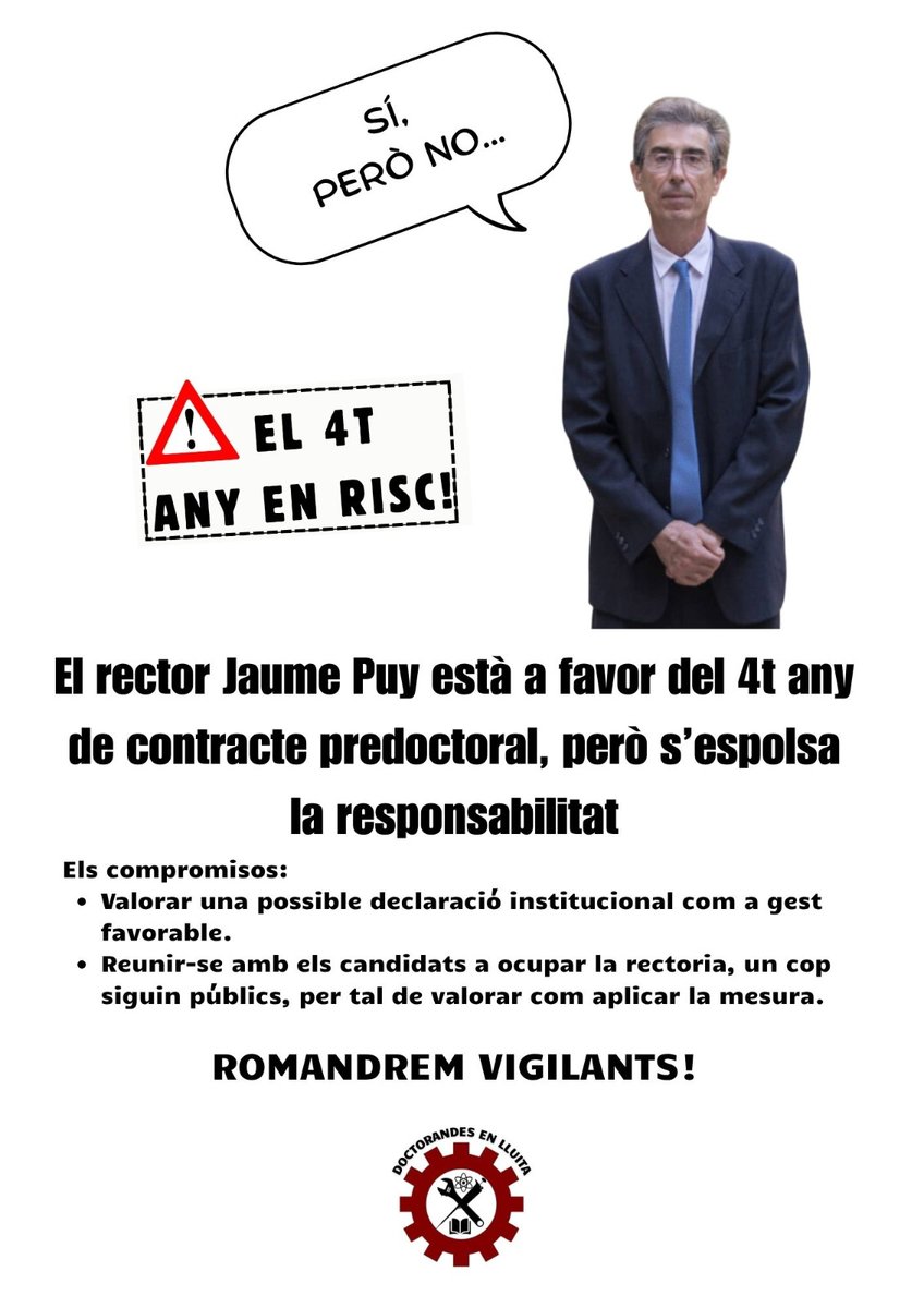 El rector Jaume Puy reconeix la necessitat d’un quart any per finalitzar les tesis doctorals i dona la raó als doctorands en els seus arguments, però en una reunió amb el col·lectiu i el Comitè d’Empresa  es nega, de moment, a concedir un any més de contracte als predocs. 👇👇