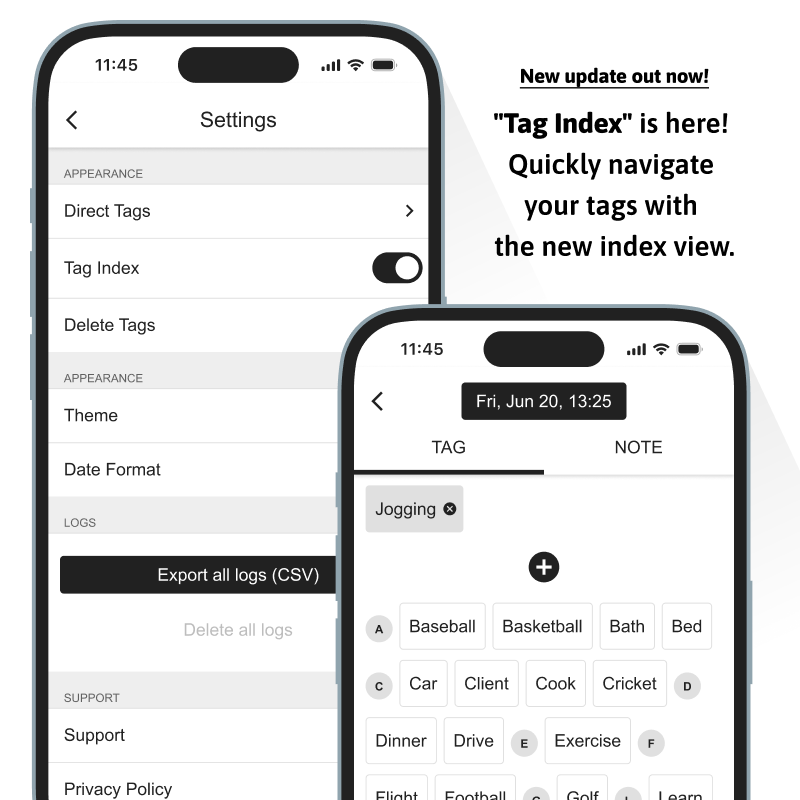 TagTimes_App's tweet image. 📑 Introducing "Tag Index" in TagTimes!
Browse and navigate your tag collection with the new organized index view. Finding the right tag has never been easier!
#TagTimes #Organization #TimeTracking #LifeLogging

iOS: apps.apple.com/app/tagtimes/i…
Android: play.google.com/store/apps/det…