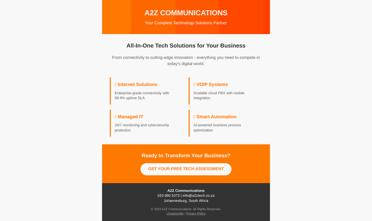 A2ZTECHSHOP1's tweet image. 🚀 All-in-One Business Tech Solutions | A2Z Communications
One provider. Endless possibilities.
📞 Call 010 880 5372
🌐 Visit a2ztech.co.za
#TechMadeEasy #BusinessGrowth #A2ZSolutions #DigitalTransformation #SmartBusiness #Connectivity #VOIP #ITSupport #SouthAfricaTech