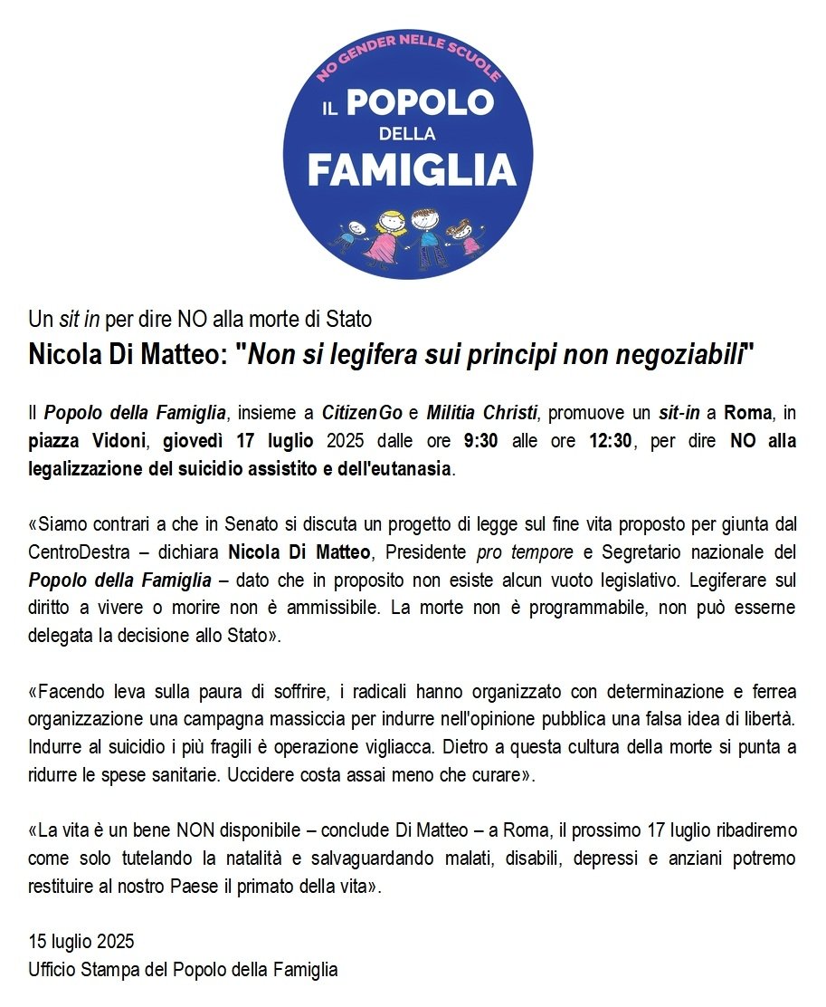 A #Roma in piazza Vidoni tutti invitati #OGGI giovedì #17luglio 2025 dalle 9,30 alle 12,30 al

PRESIDIO #sitin

promosso dal #PopolodellaFamiglia con #CitizenGo e #MilitiaChristi per dire forte ai membri del Senato

NO alla legalizzazione
del #suicidio assistito
e dell'#eutanasia