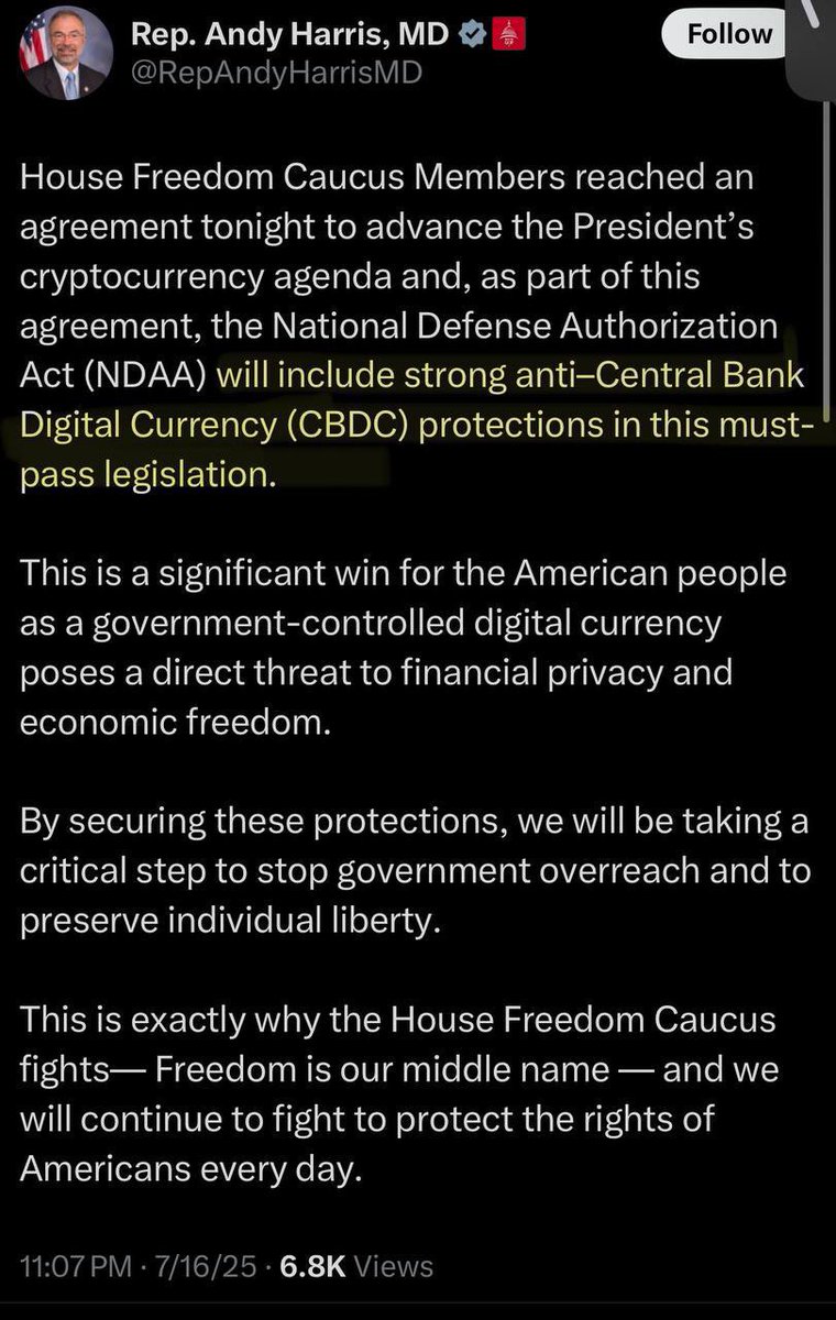 Alan D Miller (@alanvibe) on Twitter photo Go USA! Strong anti-Central Bank Digital Currency (CBDC) protections
No to CBDC in UK!
significant win for Americans - as a government-controlled digital currency poses direct threat to financial privacy & economic freedom
Excellent work
<a href="/RepAndyHarrisMD/">Rep. Andy Harris, MD</a> <a href="/realDonaldTrump/">Donald J. Trump</a> Go USA! Strong anti-Central Bank Digital Currency (CBDC) protections
No to CBDC in UK!
significant win for Americans - as a government-controlled digital currency poses direct threat to financial privacy & economic freedom
Excellent work
<a href="/RepAndyHarrisMD/">Rep. Andy Harris, MD</a> <a href="/realDonaldTrump/">Donald J. Trump</a>