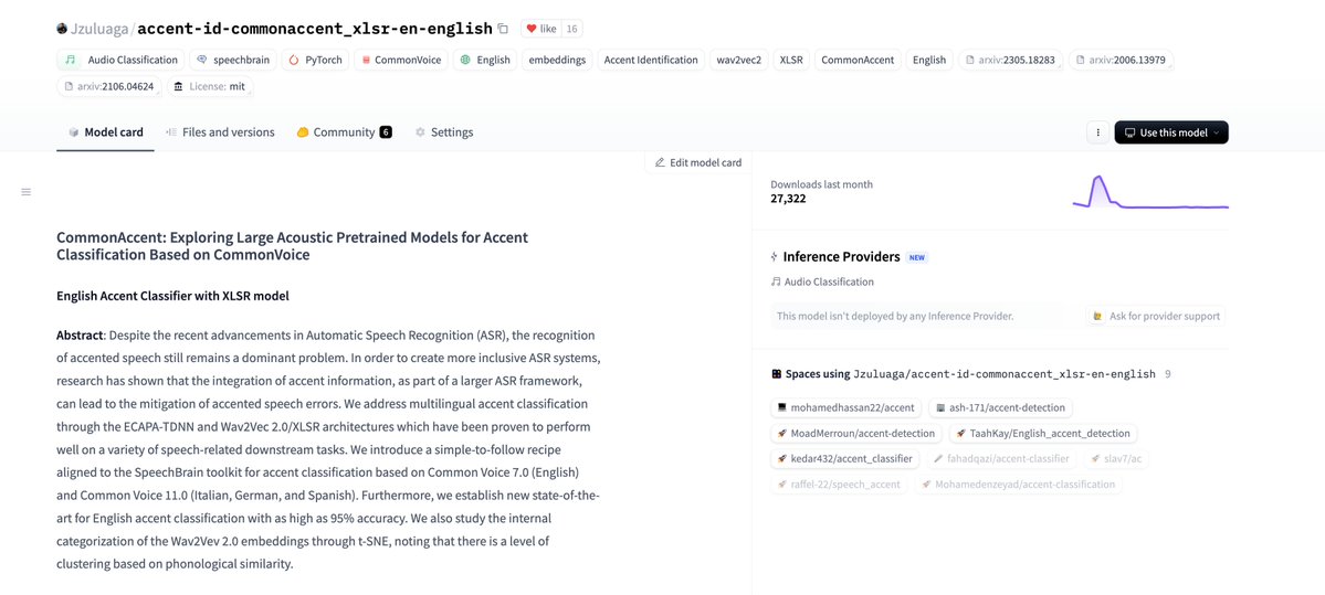 Pablogomez3's tweet image. Who's out there using our XLSR model for accent classification? 😆👀🤪 (27k downloads)
huggingface.co/Jzuluaga/accen…
#Speech #XLSR #AI
