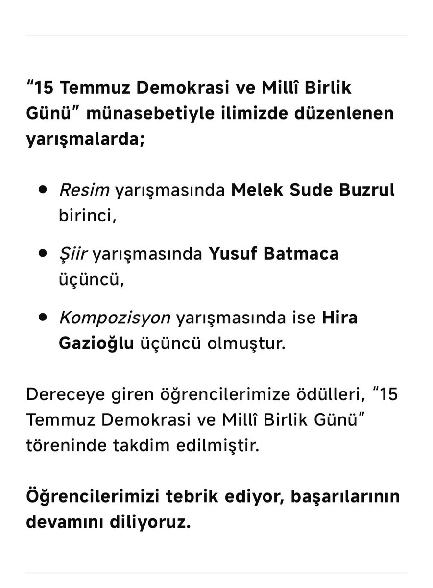 TBMM Vakfı Bingöl Fen Lisesi (@bfl121) on Twitter photo “15 Temmuz Demokrasi ve Millî Birlik Günü” münasebetiyle ilimizde düzenlenen Resim, Şiir ve Kompozisyon yarışmasında dereceye giren öğrencilerimiz ödüllerini aldı. Kendilerini tebrik ediyor, başarılarının devamını diliyoruz.
<a href="/tcmeb/">Millî Eğitim Bakanlığı</a> <a href="/bingolvaliligi/">T.C. Bingöl Valiliği</a> <a href="/bingolmem/">Bingöl MEM</a> <a href="/MustafaOzel66/">Mustafa Özel</a> “15 Temmuz Demokrasi ve Millî Birlik Günü” münasebetiyle ilimizde düzenlenen Resim, Şiir ve Kompozisyon yarışmasında dereceye giren öğrencilerimiz ödüllerini aldı. Kendilerini tebrik ediyor, başarılarının devamını diliyoruz.
<a href="/tcmeb/">Millî Eğitim Bakanlığı</a> <a href="/bingolvaliligi/">T.C. Bingöl Valiliği</a> <a href="/bingolmem/">Bingöl MEM</a> <a href="/MustafaOzel66/">Mustafa Özel</a>