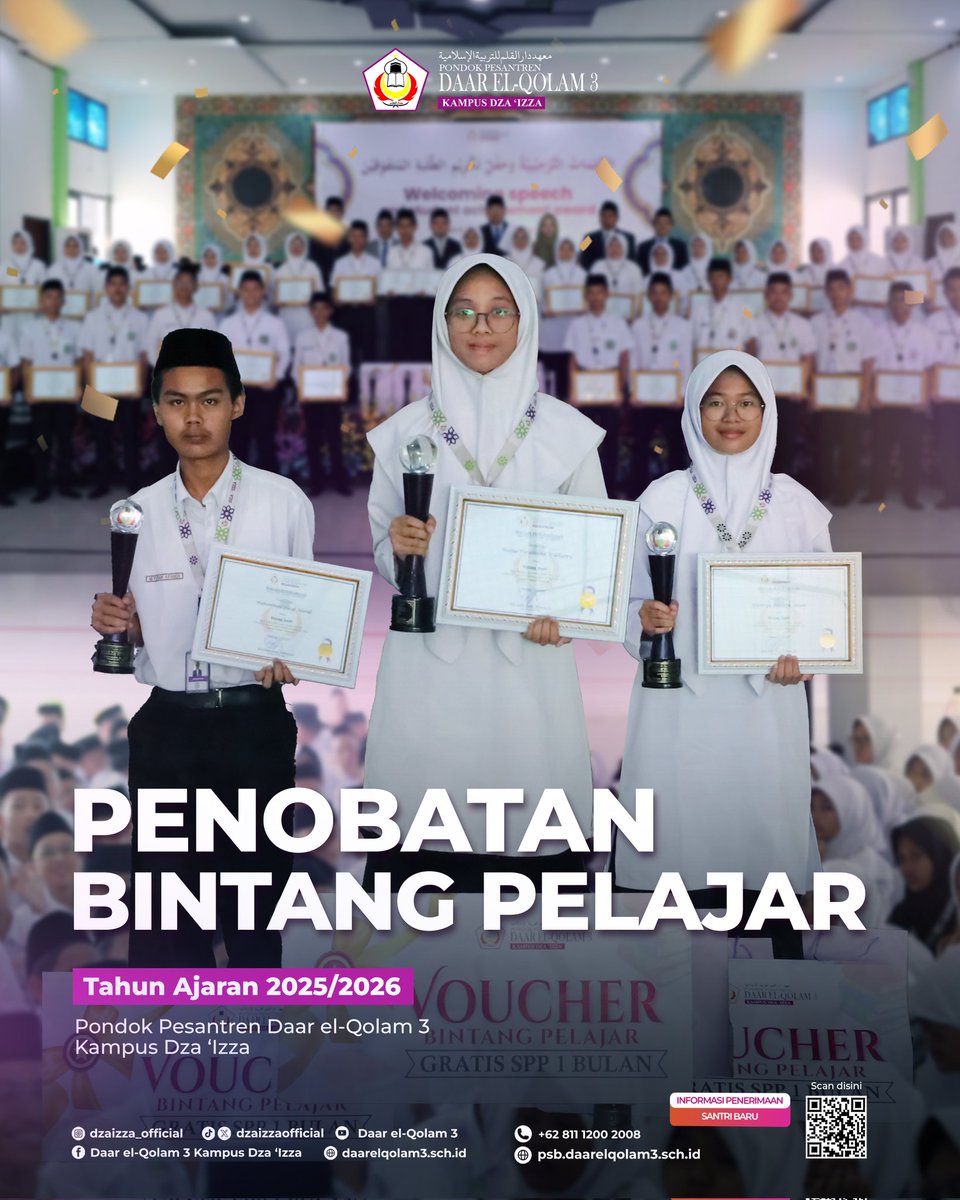 dzaizzaofficial's tweet image. Selamat atas Prestasi ananda-ananda sekalian sebagai Bintang Pelajar! Usaha kalian begitu membanggakan dan menjadi inspirasi bagi teman-teman lainnya. Tetap berusaha, berikhtiar, dan jangan berhenti mengejar mimpi!
#daarelqolam3 #kampusdzaizza #suksesbelajar