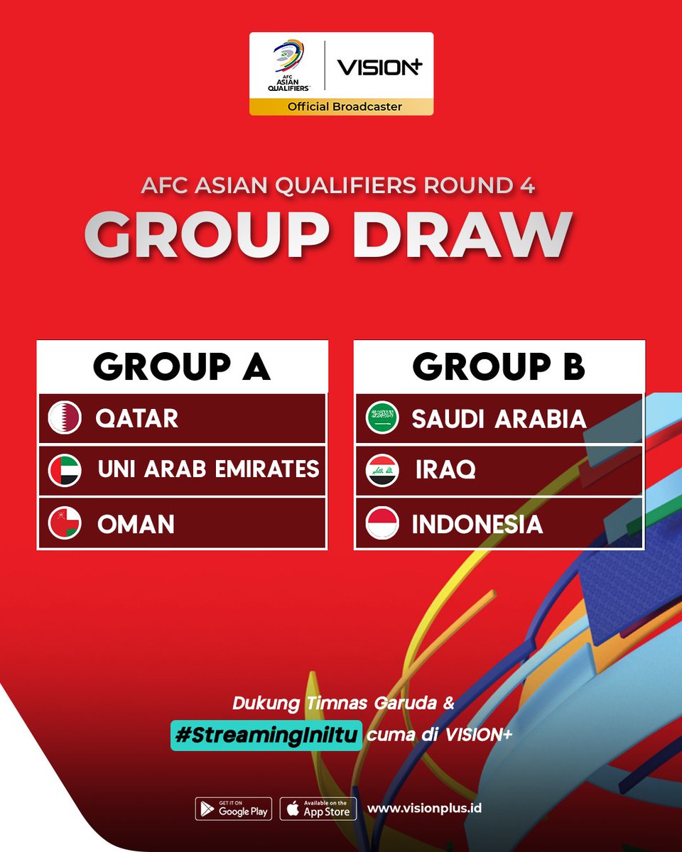 Grup B = Big Challenge!

Indonesia resmi tergabung di Grup B bersama Saudi Arabia &amp; Iraq

Nantikan dan saksikan perjuangannya bulan Oktober 2025 eksklusif hanya di RCTI, VISION+, RCTI+ SuperApp, MNC Vision dan K-VISION

#KualifikasiPialaDunia2026ZonaAsia #TimnasIndonesia