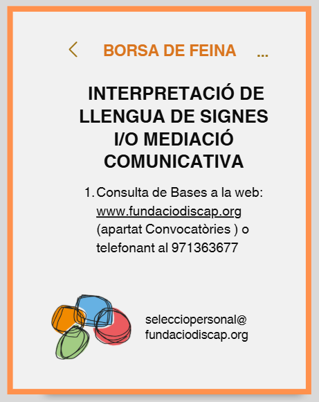 📢 Nova oportunitat laboral!
Des de la Fundació, obrim una nova borsa de feina. 
🔍 Trobareu tota la informació detallada a la nostra pàgina web, a l’apartat Ofertes de feina: 🌐 fundaciodiscap.org
#Intèrpretllenguasignes #BorsaDeFeina