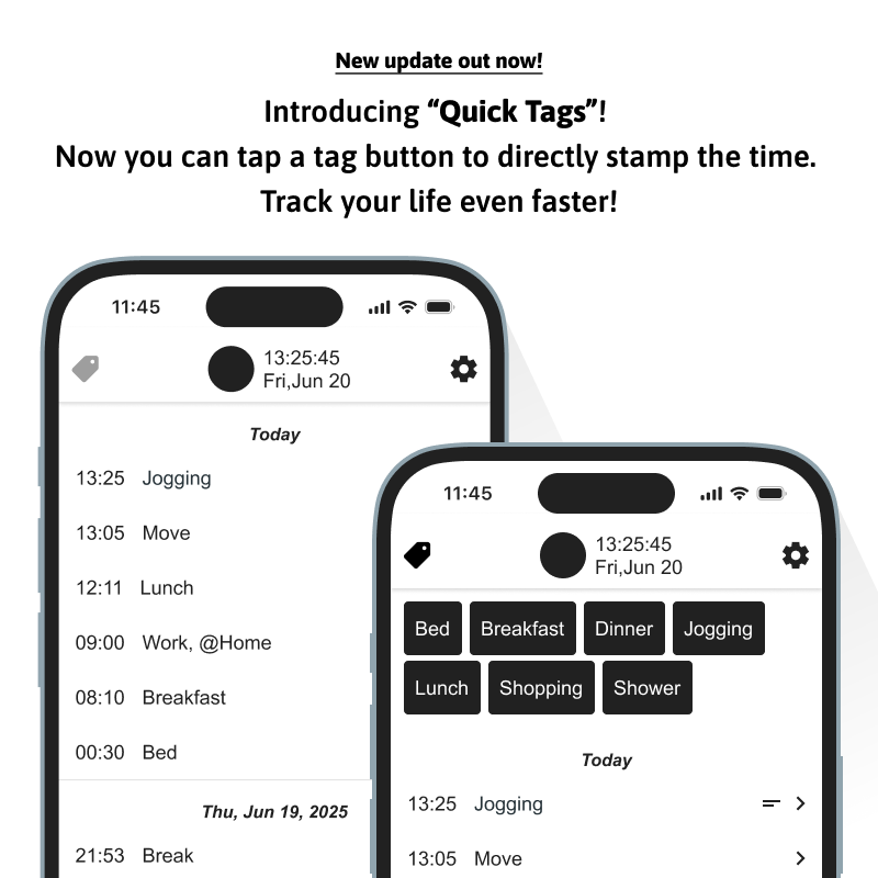 TagTimes_App's tweet image. 🚀 New feature "Quick Tags" is here!
Tap any tag button to instantly log a timestamp - no more typing needed. Track your daily activities faster than ever before!
#TagTimes #TimeTracking #LifeLogging #ProductivityApp

iOS: apps.apple.com/app/tagtimes/i…
Android: play.google.com/store/apps/det…
