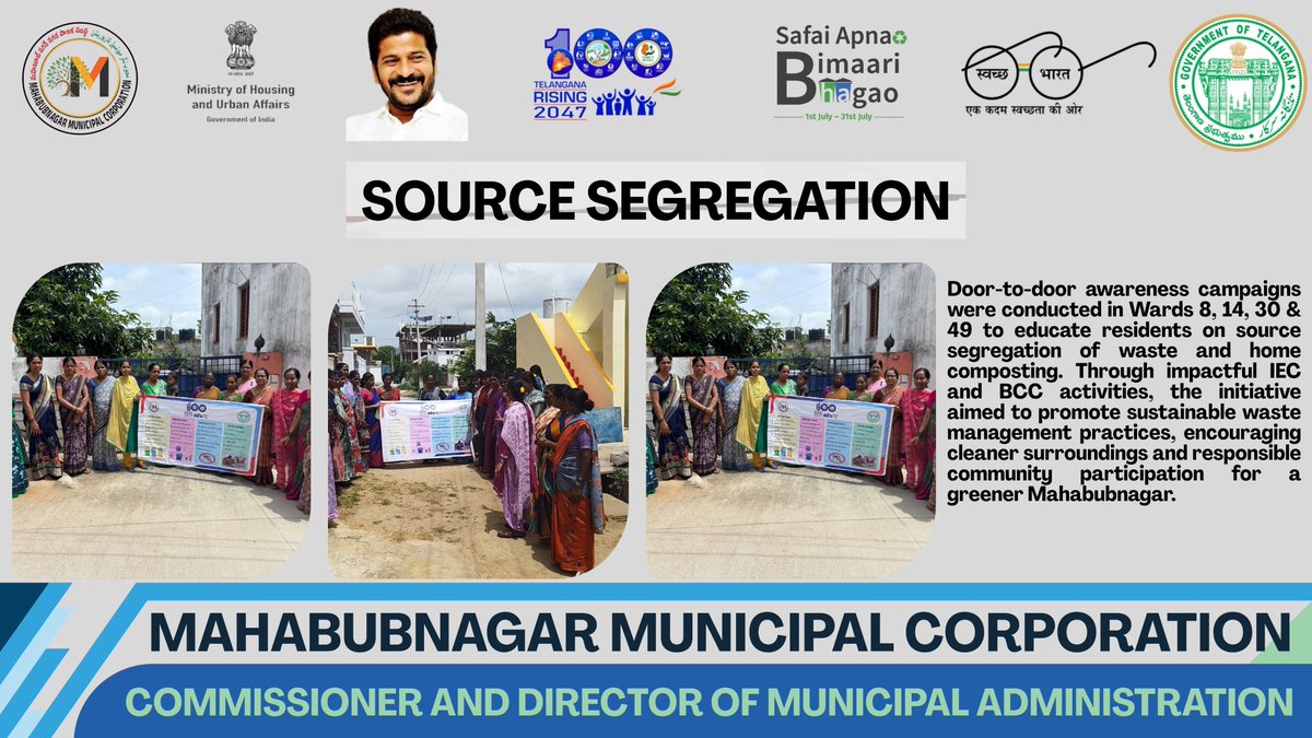 MC_Mahabubnagar's tweet image. #Day46 of #TG100DaysActionPlan
Door-to-door awareness campaigns in Wards 8, 14, 30 &amp;amp; 49 focused on #SourceSegregation ♻️&amp;amp; Home Composting 🌿 through effective IEC &amp;amp; BCC activities 📢. 
The initiative encouraged residents to adopt sustainable waste practices.