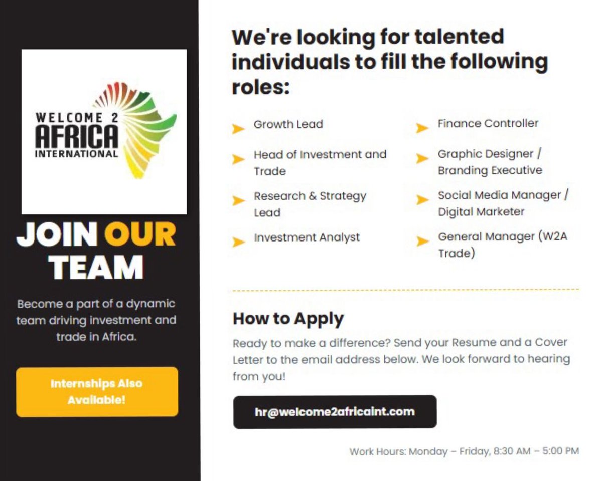 We’re urgently hiring at Welcome2Africa International!

Join us in shaping Africa’s future through trade &amp; investment. From Growth Leads to Finance Experts, Creatives, Analysts &amp; more — plus internship openings!

📍Abuja | ⏰ Mon–Fri
📩 hr@welcome2africaint.com
Repost!