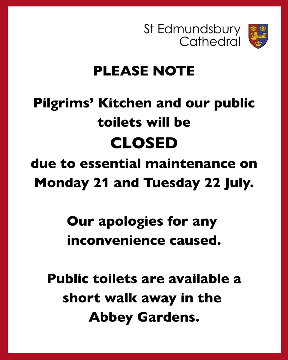 stedscath's tweet image. Due to essential maintenance, the Cathedral centre toilets and Pilgrims' Kitchen will be closed on Monday 21 & Tuesday 22 July. We apologise for any inconvenience these essential works may cause. Closest public toilets are just a short walk away in the Abbey Gardens.