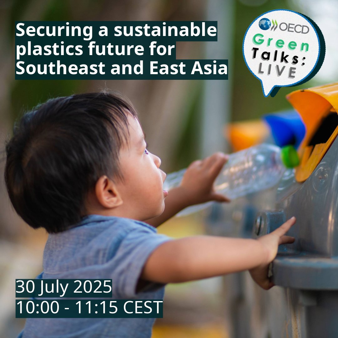 OECD_ENV's tweet image. What is the outlook for plastics in Southeast and East Asia and how can the region tackle plastic pollution?
Join us to learn more during a #GreenTalks LIVE webinar.
🗓️ 30 July
🕒 10:00 CEST
🔗 oecd.org/en/events/2025…