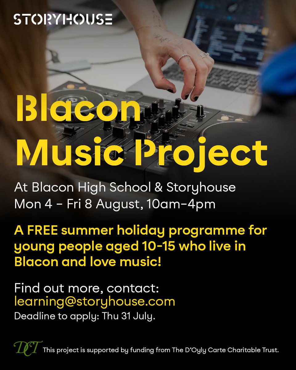 🎵 Do you have a young music lover aged 10–15 who lives in Blacon? Sign them up for the FREE Blacon Music Project, an exciting summer holiday programme at Blacon High School &amp; Storyhouse!

📅 4– 8 August
✉️ Apply by 31 July, contact learning@storyhouse.com to find out more!