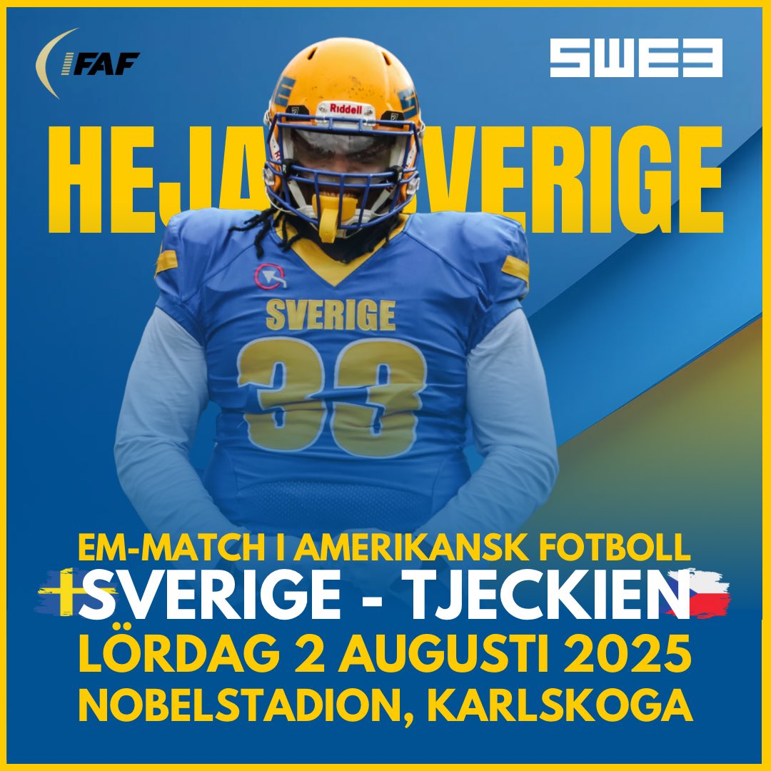 MISSA INTE I SOMMAR! ☀️ 🏈

Det svenska herrlandslaget i amerikansk fotboll tar sig an Tjeckien i en viktig placeringsmatch i EM 2024/25.

📍 Nobelstadion, Karlskoga
🗓️ Lördag 2 augusti 2025
⏰ Kickoff kl. 13
🎟️ Biljetter på Tickster: tickster.com/se/en/events/7… 

#SWE3